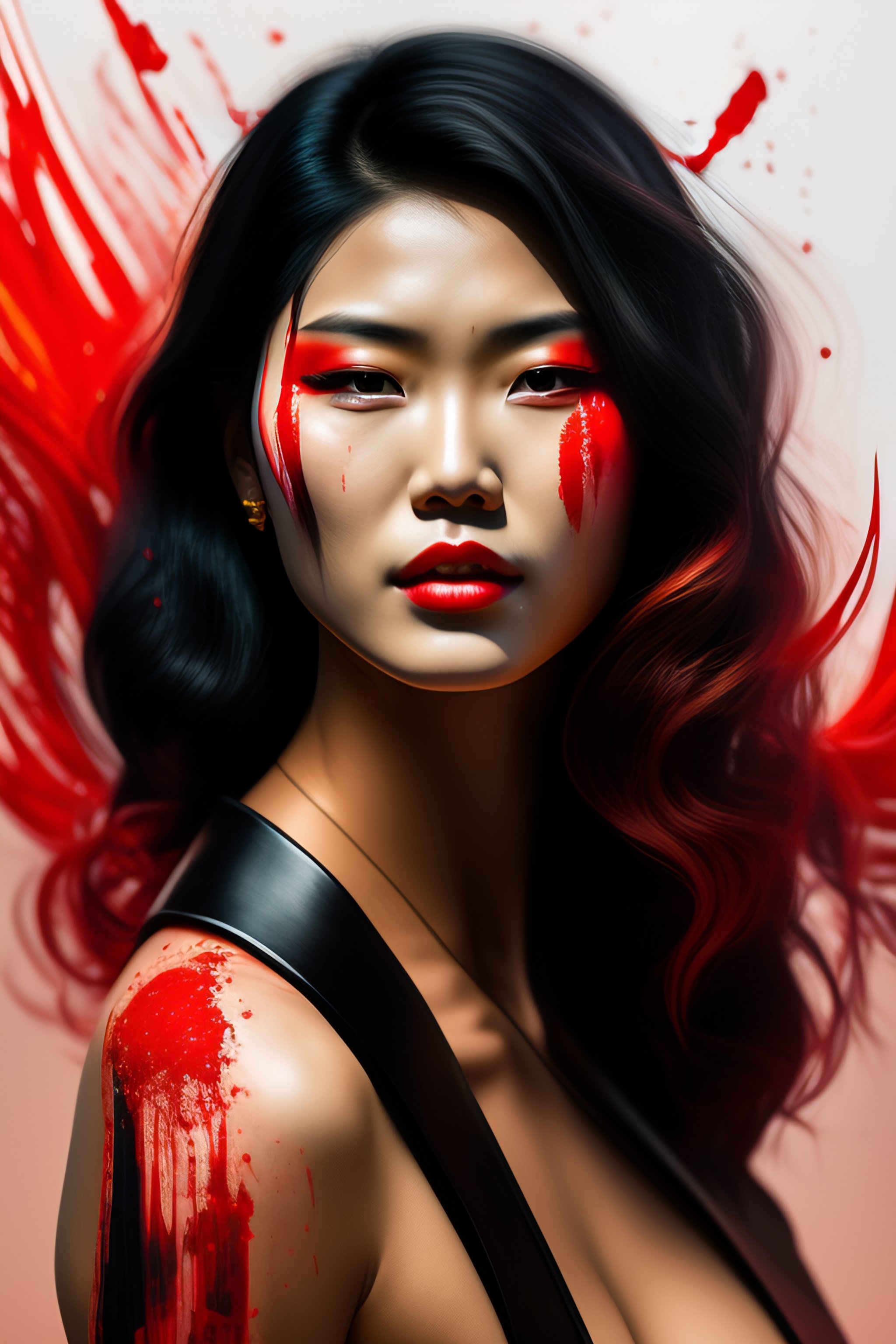 Lexica - Woman, blood in face, samurai, paint, portrait, best quality 4k,  short hair, black hair