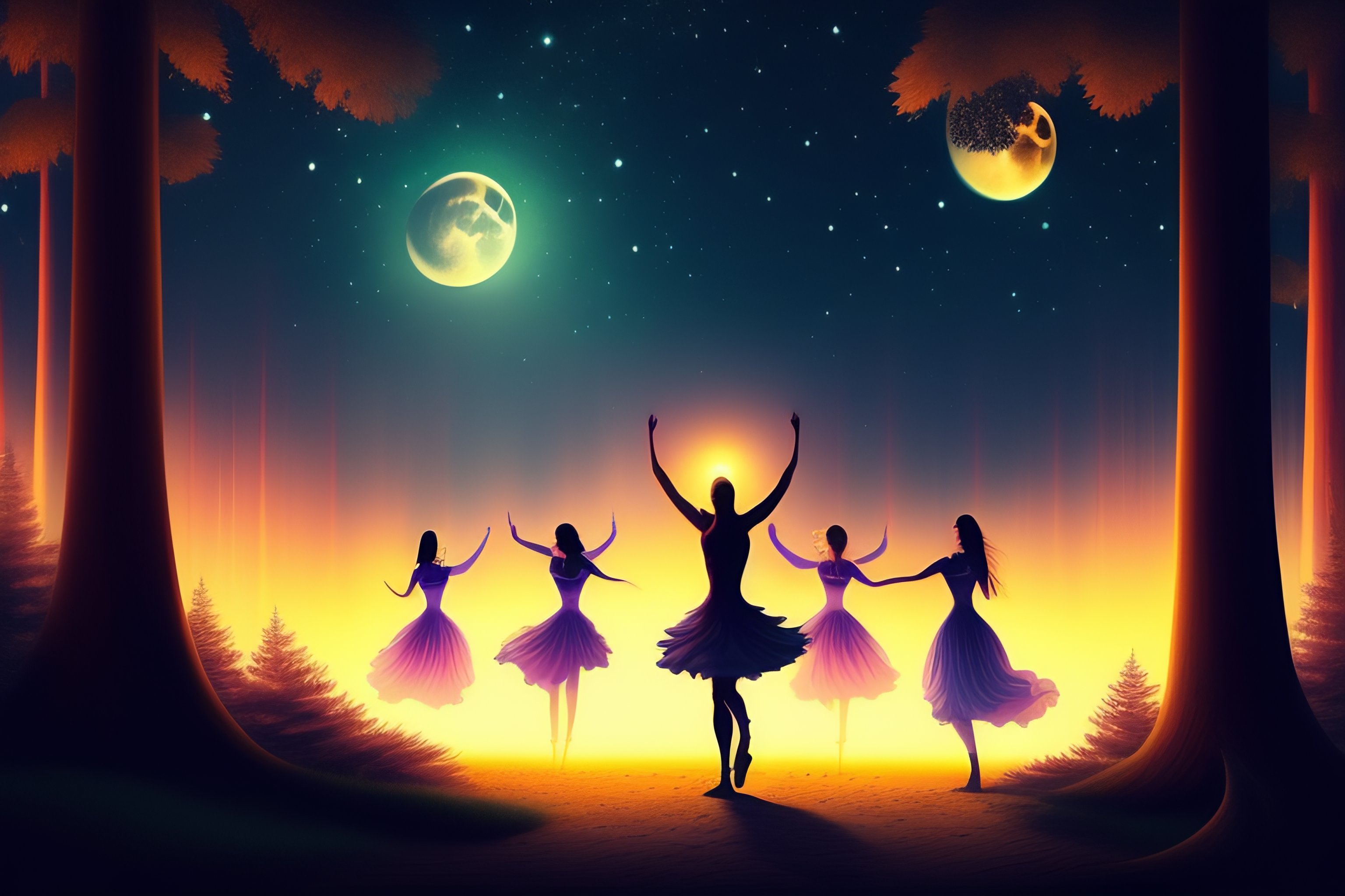 Lexica - People dancing under the moon, fantasy style, HQ, forest in ...