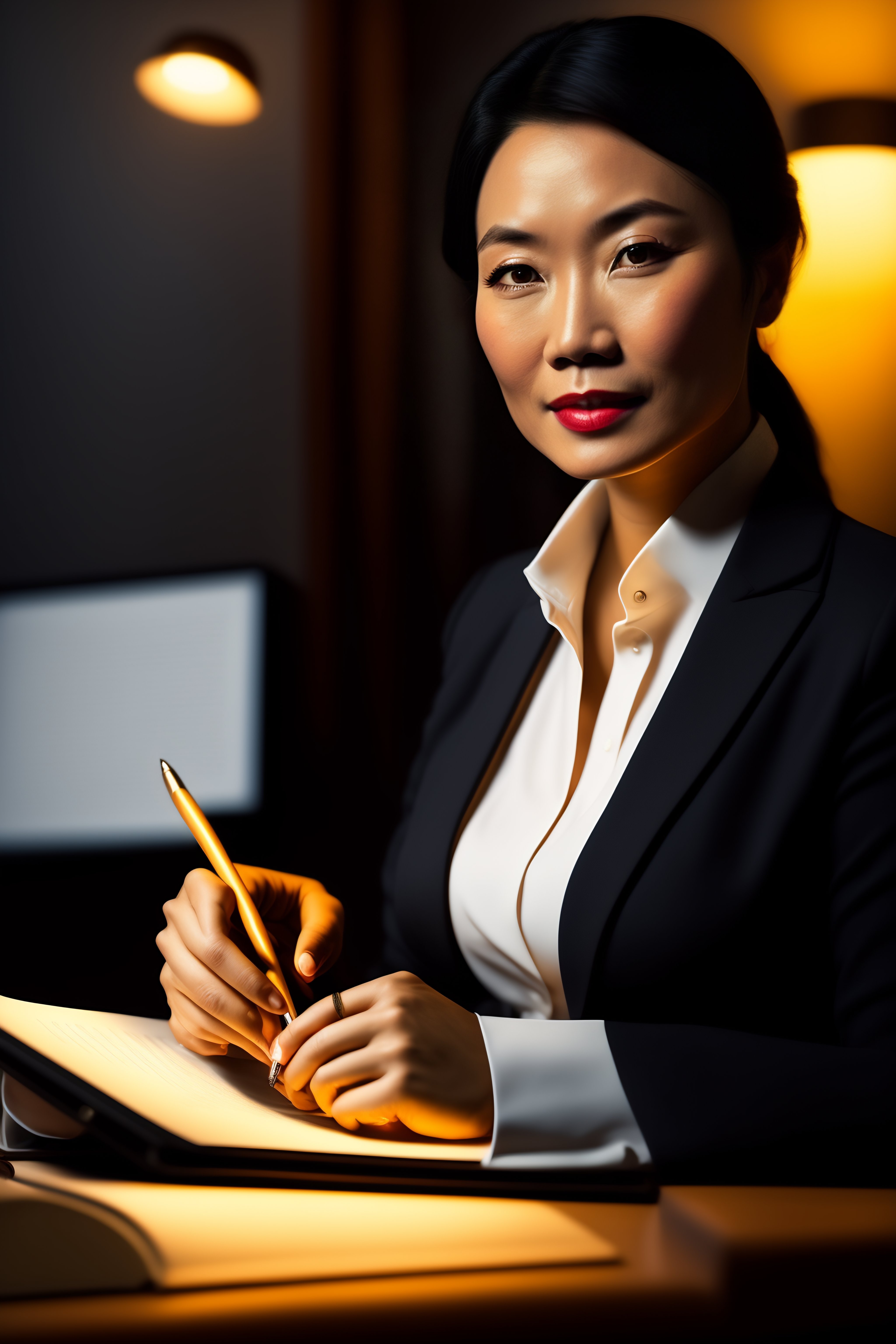 Lexica A female asian lawyer working late at night writing a legal