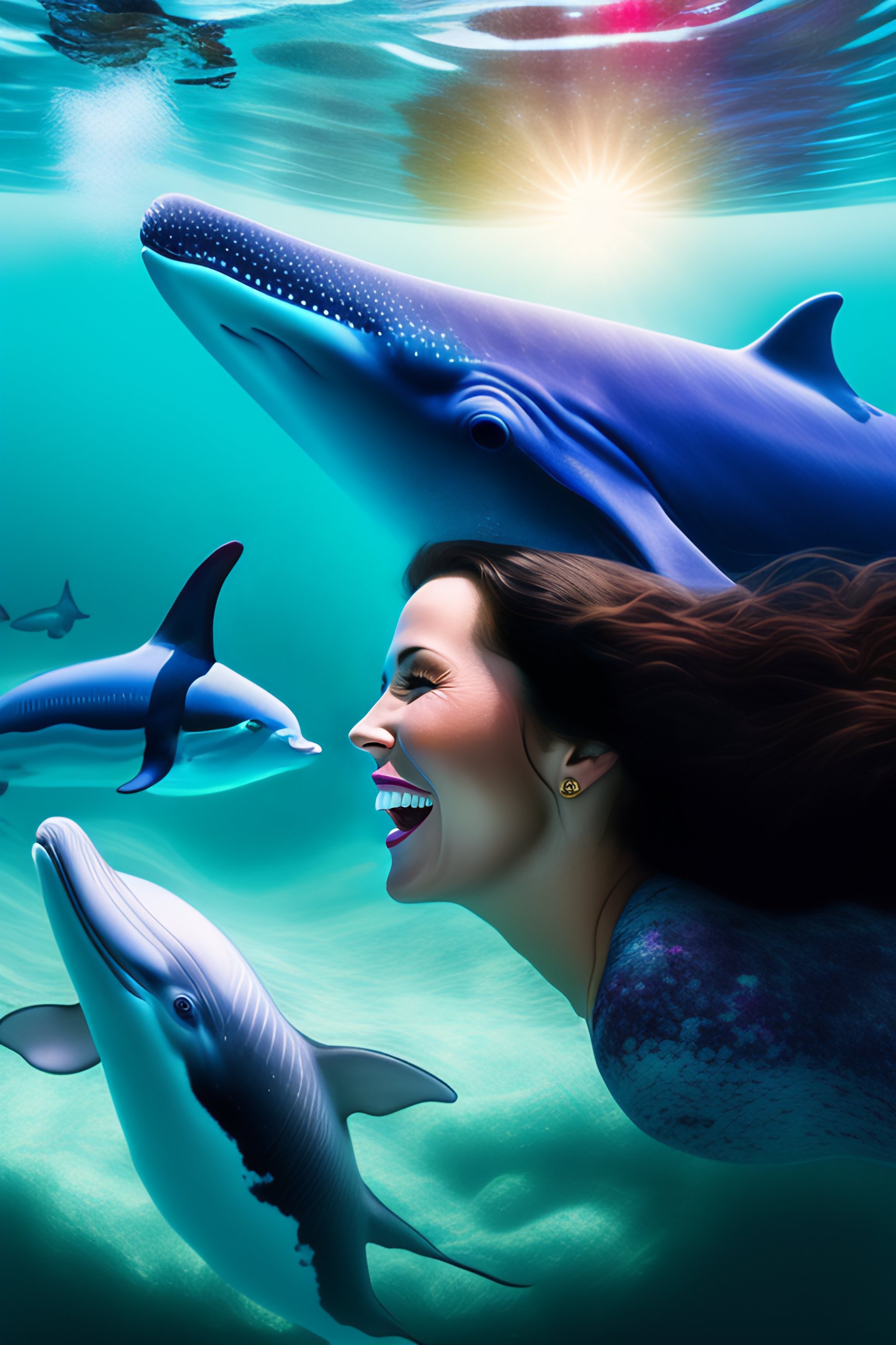 Lexica - Woman underwater with whales dolphins