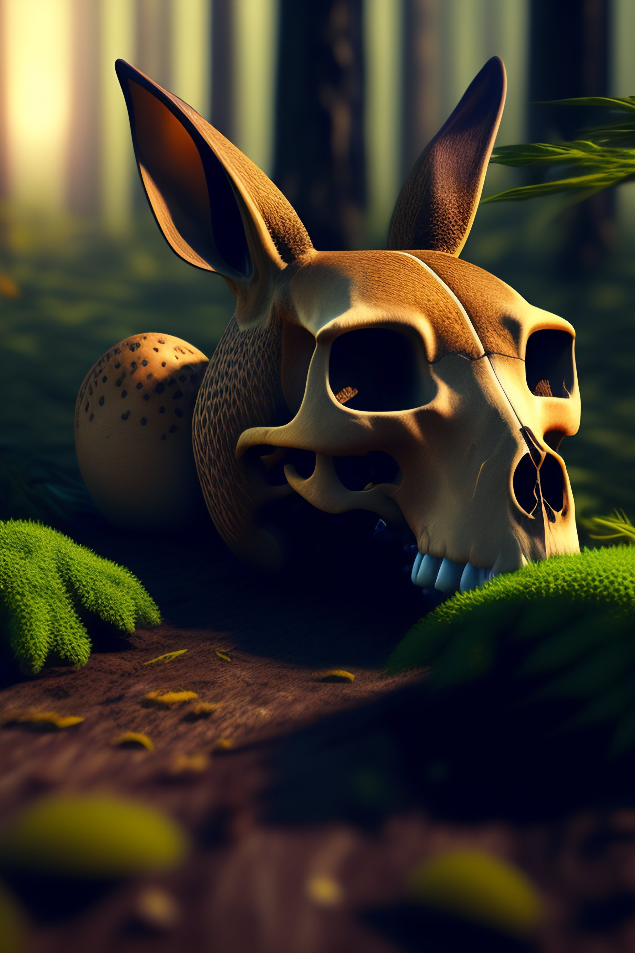Lexica - The skull of a jackrabbit laying on the ground of a dark
