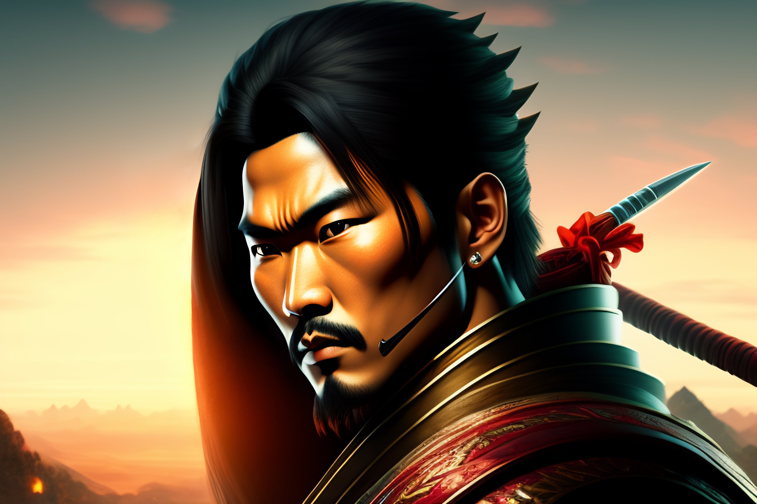 Lexica - 2d style samurai with war background