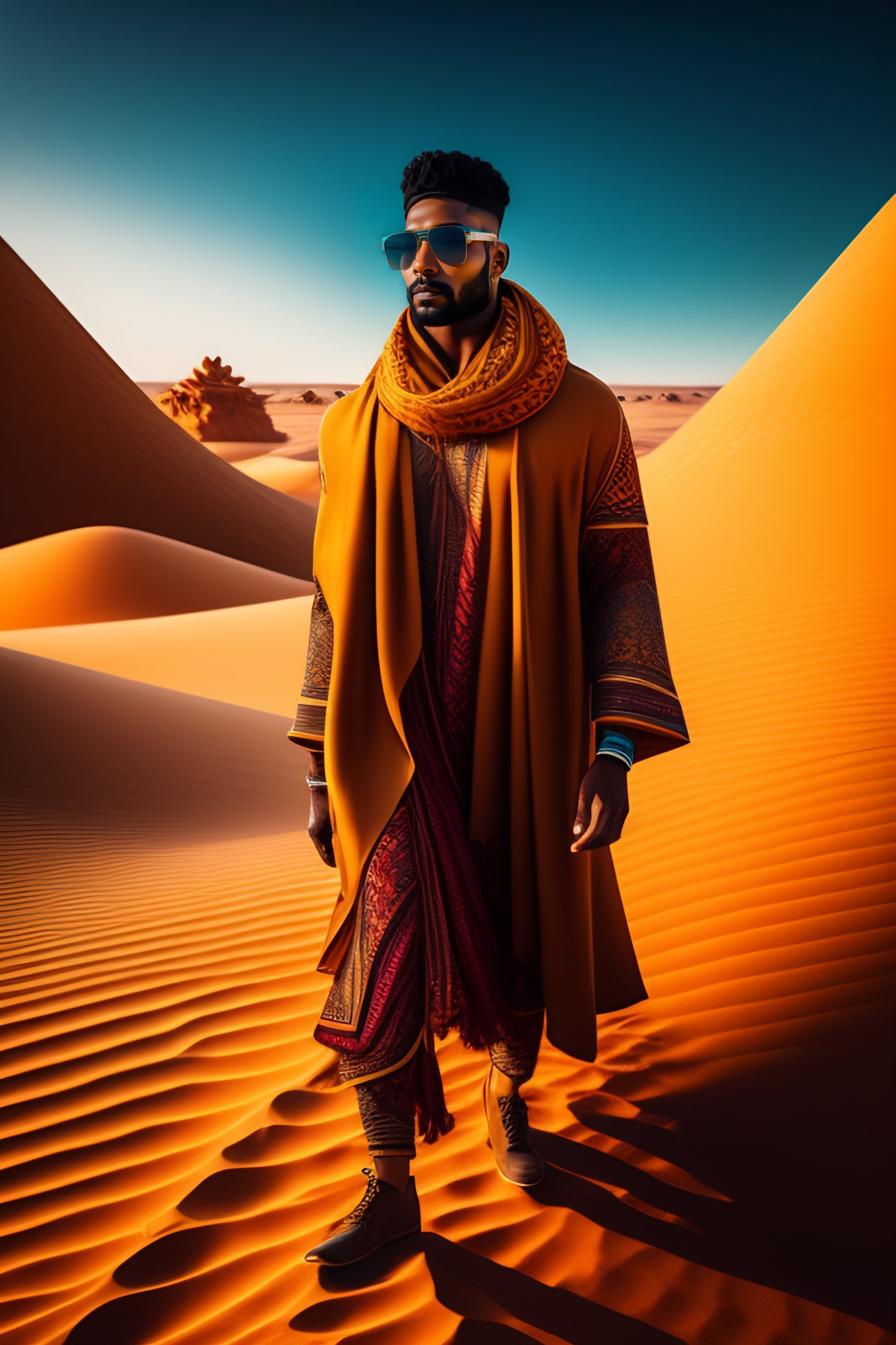 Lexica - Futuristic, young boy wear moroccan clothes and futuristic man  with desert scarf run, desert landscape cinematic