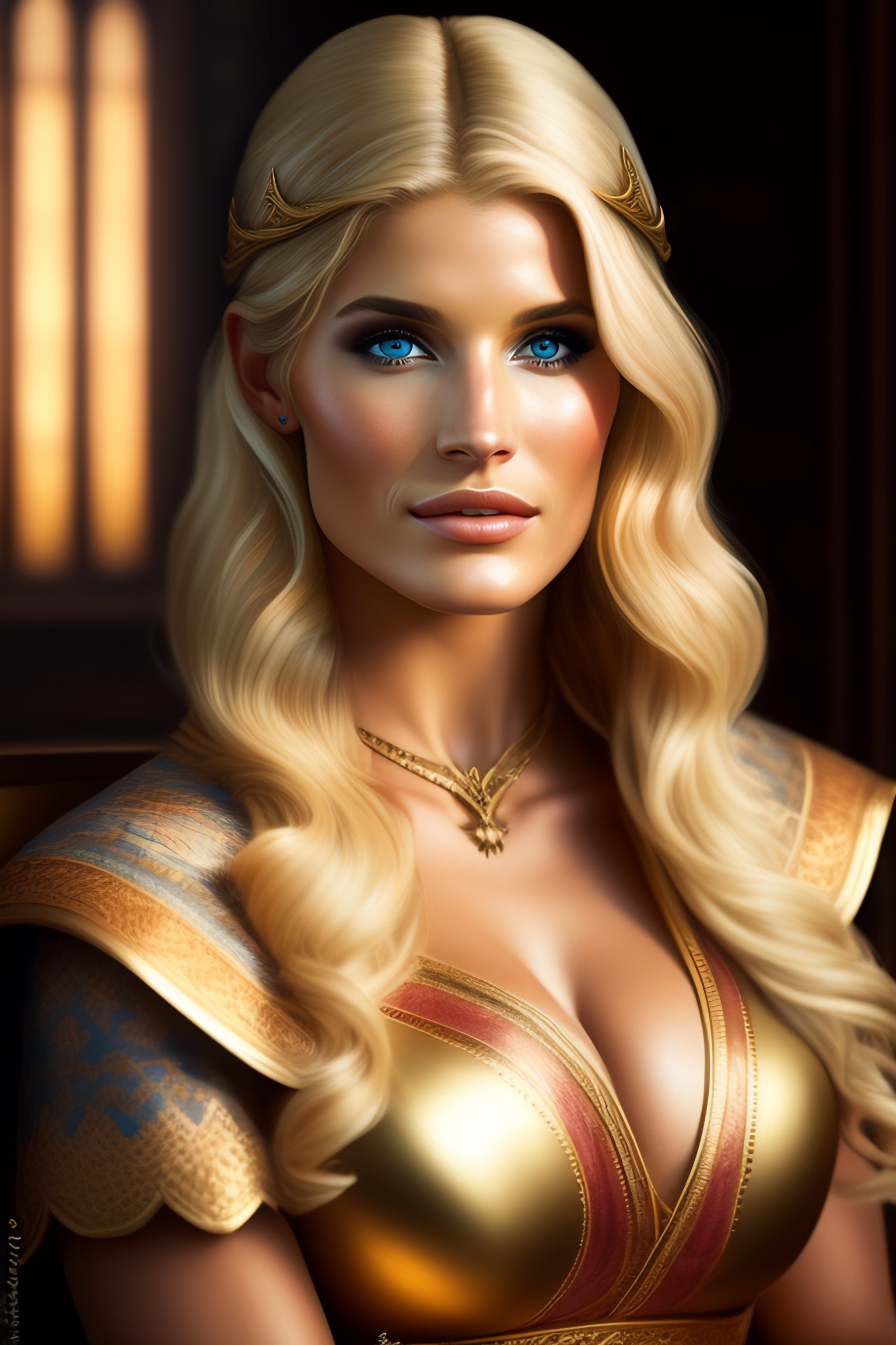 Lexica - High elf beautiful blonde female portrait looks like Gemma Arterton  sitting in the middle of a tavern