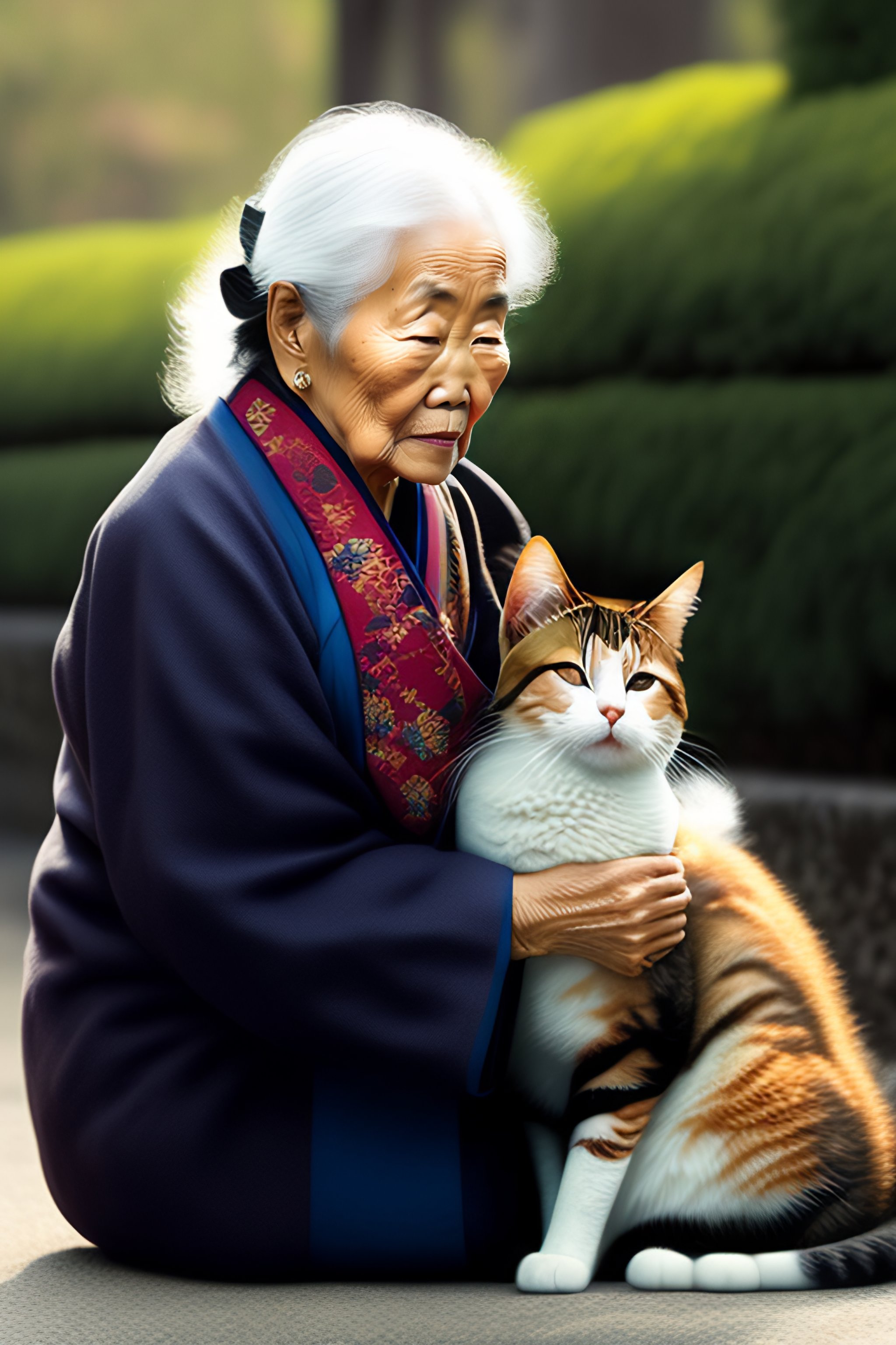 Lexica - Old Japanese grandmother riding a cat