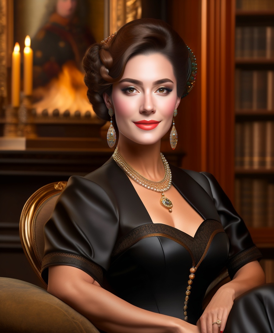Lexica - A woman wearing a black dress and pearls, sitting in front of ...
