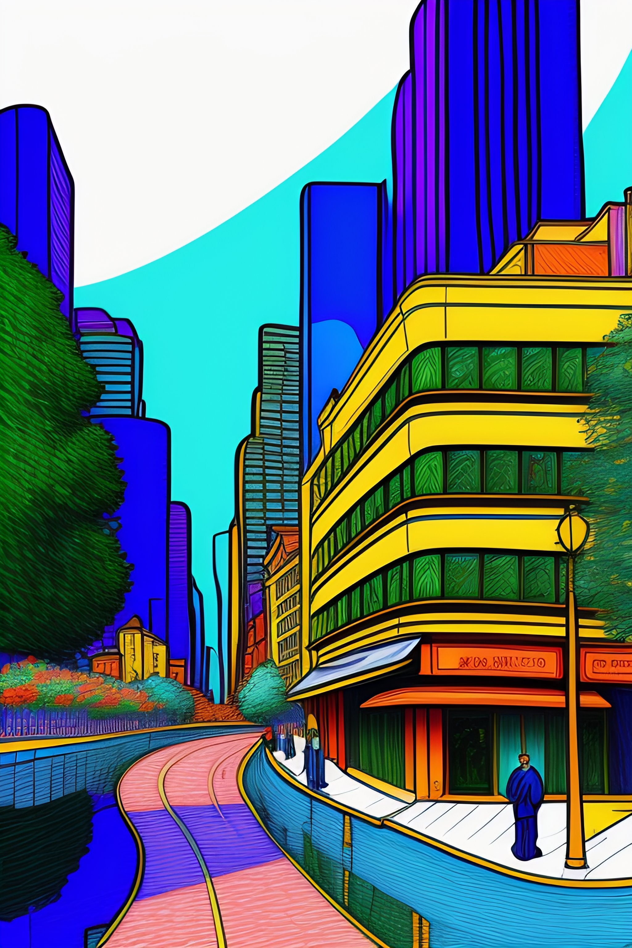 Lexica - Line drawing color of city , van gogh style painting