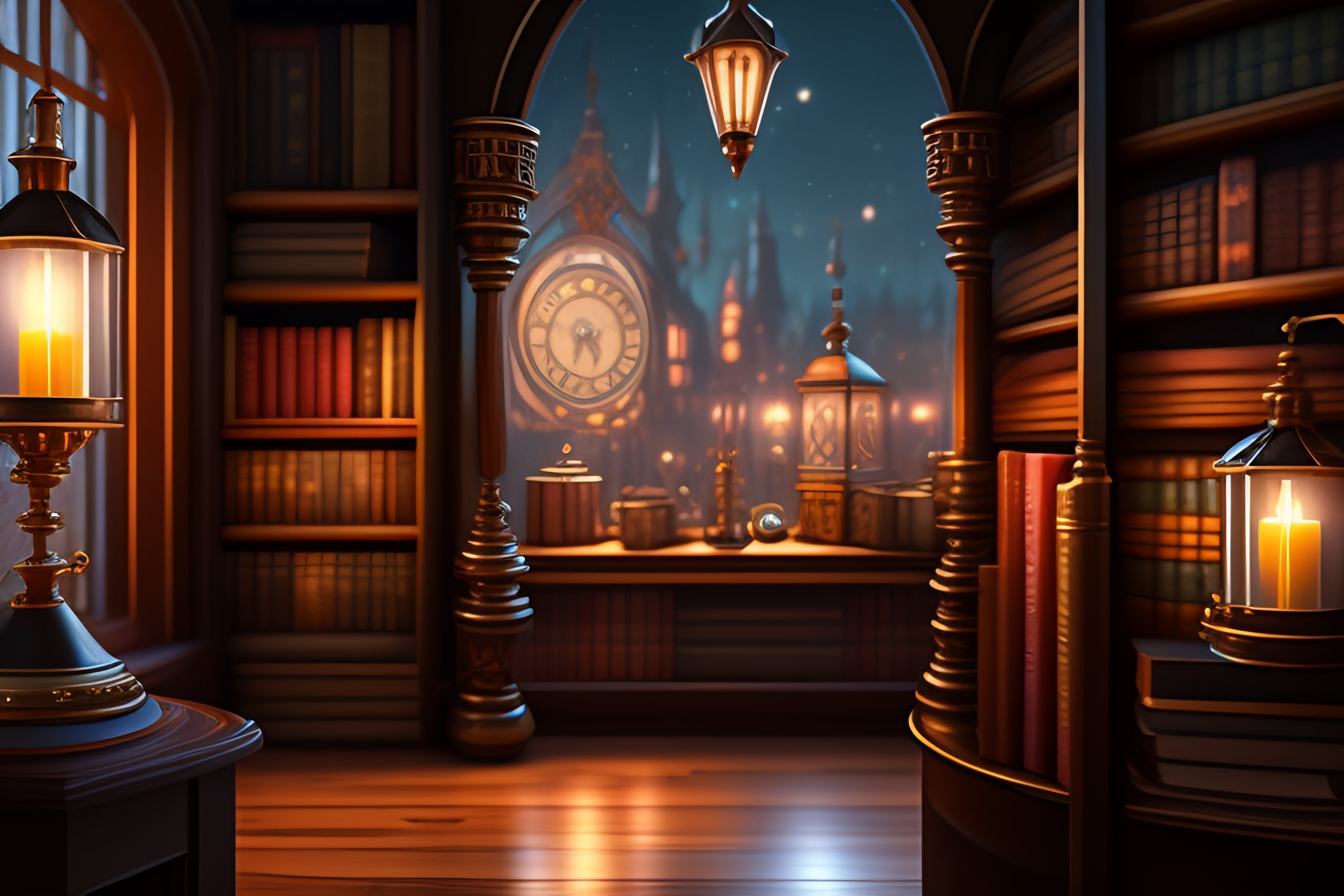 Lexica - Oil painting of a steampunk library, Cluttered, fine details