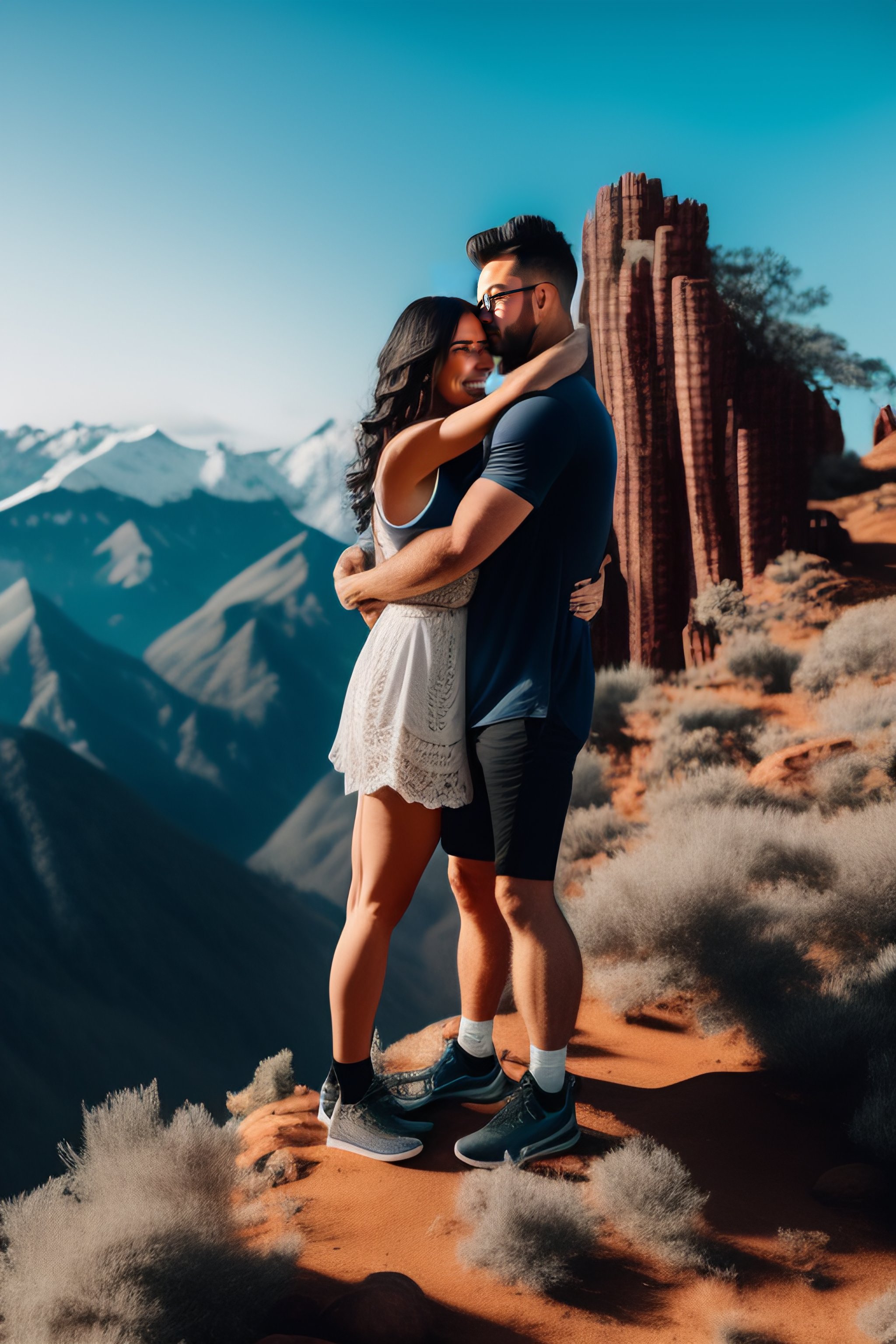 Lexica A Short Girl And Tall Boy Hugging On Top Of Mountains