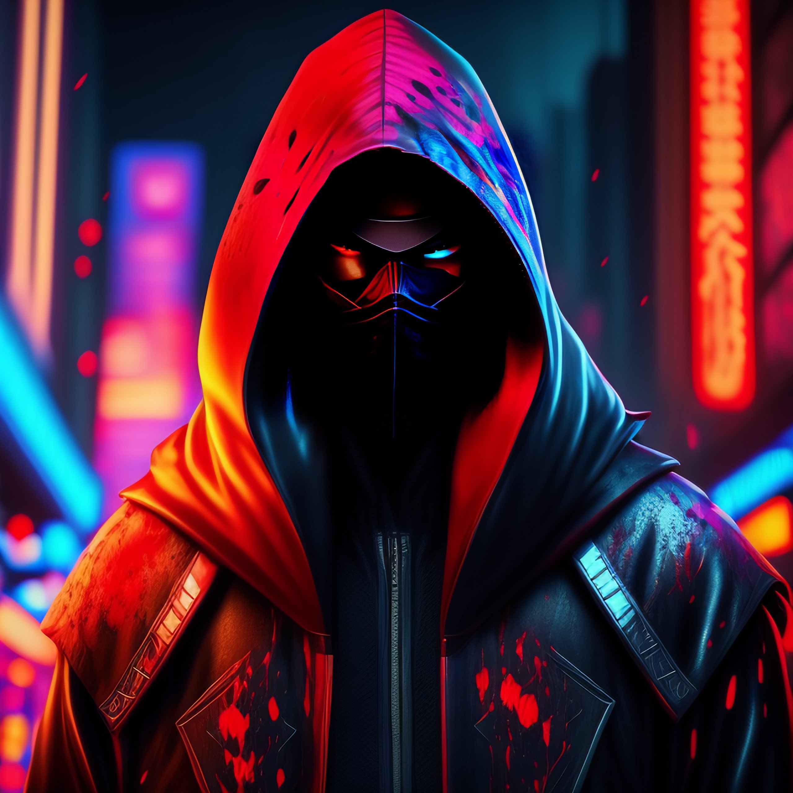 Lexica - Awesome looking blood splattered cloaked red male ninja in  cyberpunk style 8-bit neon gothic looking at the camera. ultra realistic,  highly