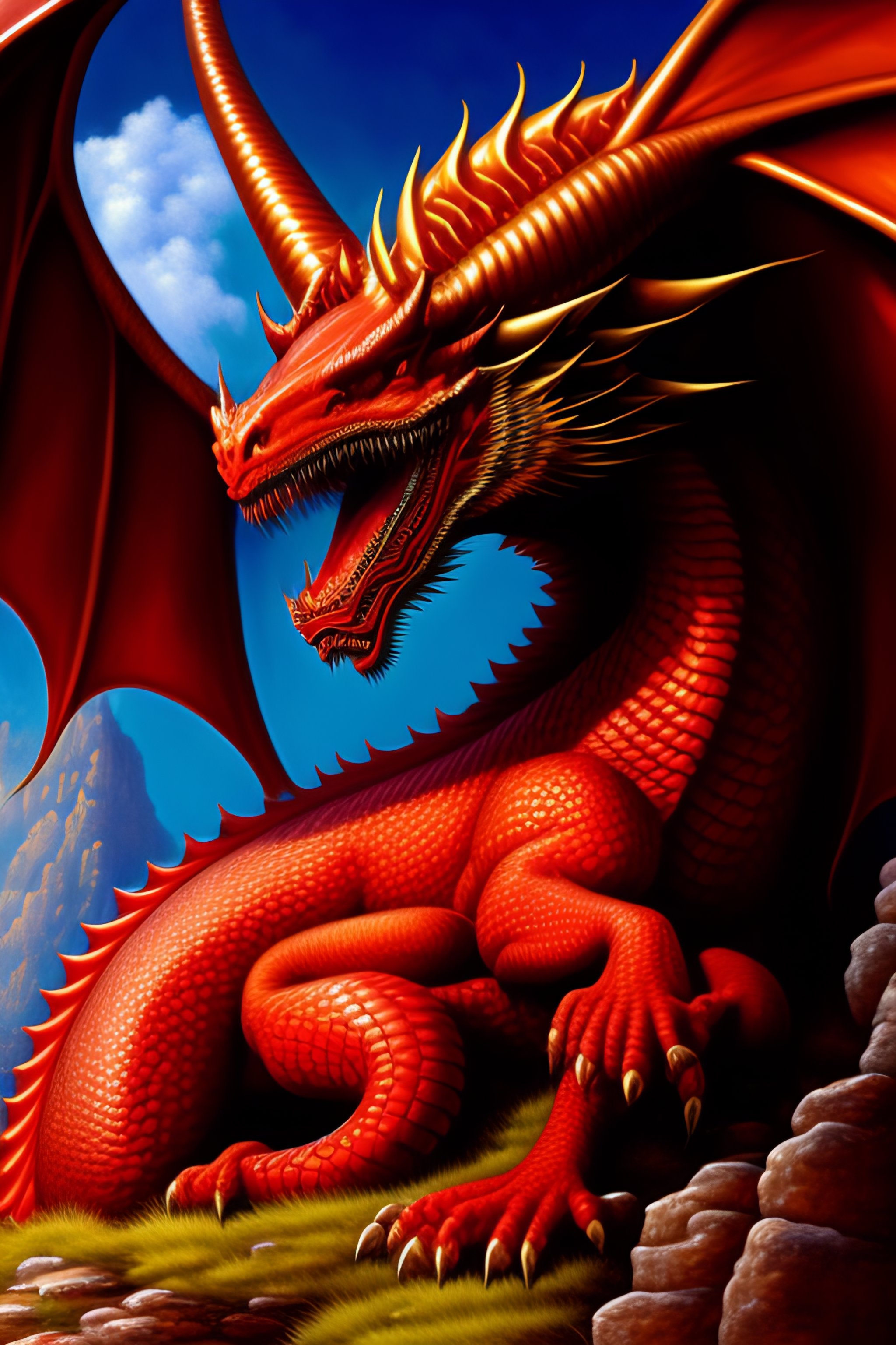 Lexica Painting, red dragon lying on mound of gold, highly detailed