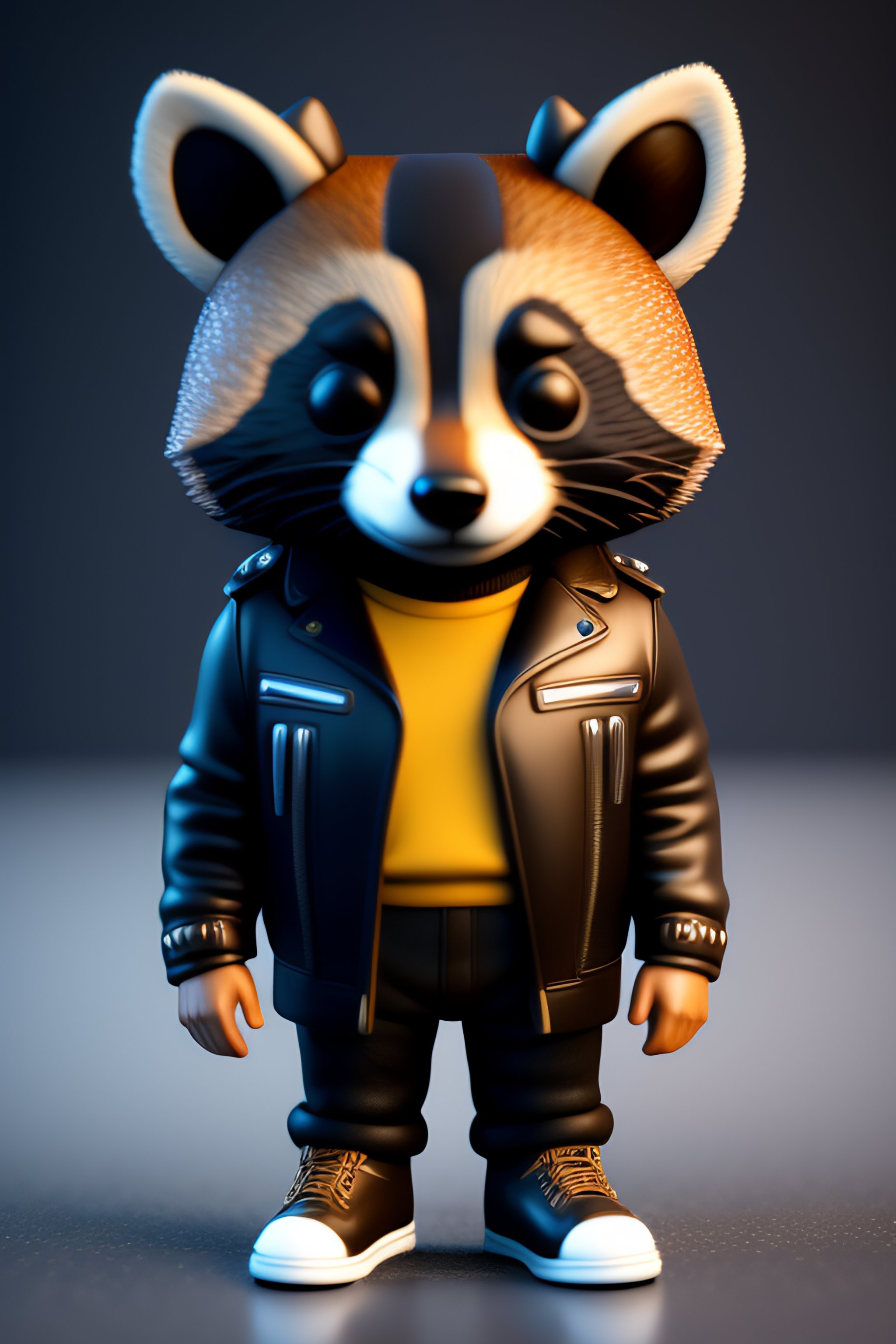 Lexica - Full body 3d octan render of funko pop Raccoon in a leather jacket