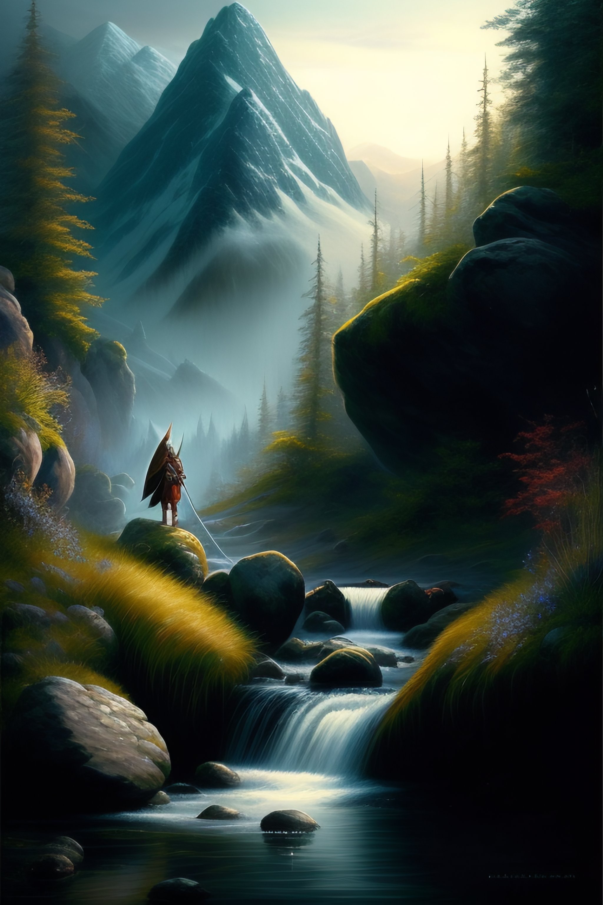 Lexica - Dark elf near a stream. Highly detailed. Lord of the Rings.