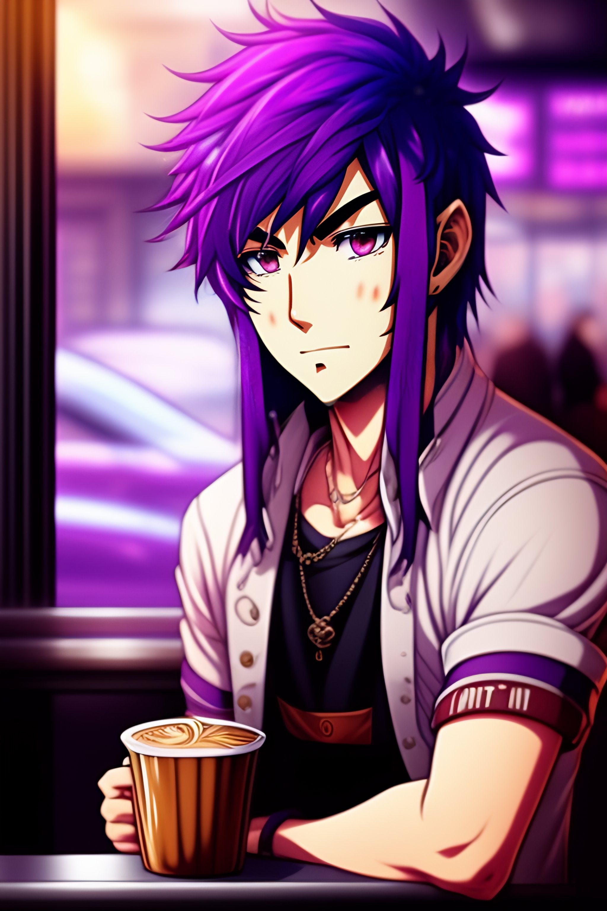 Lexica Purple Hair Anime Guy In A Coffee Shop Anime Style Manga Cartoon 2199