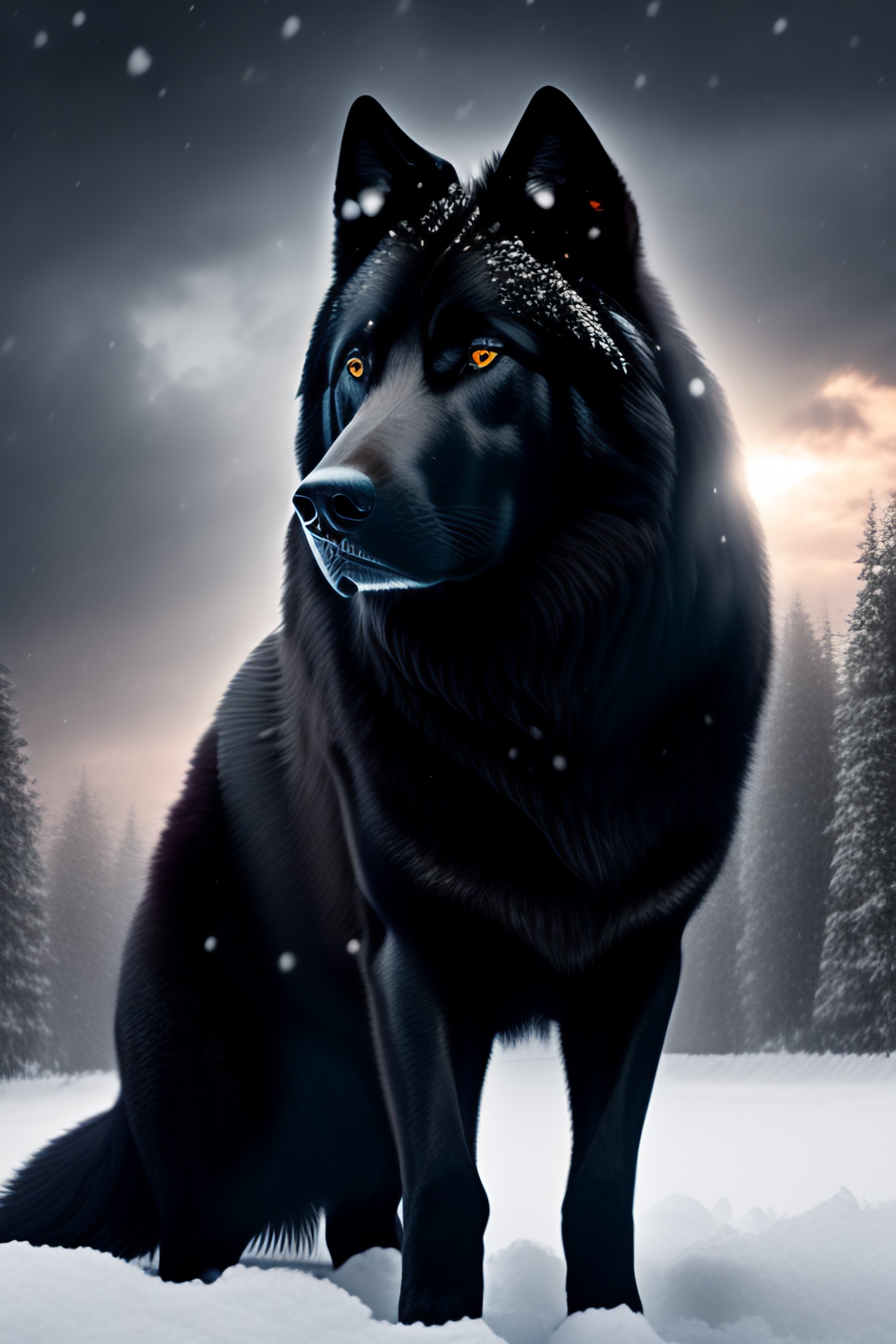 Lexica Black dire wolf in the snow with saddle and armor, massive
