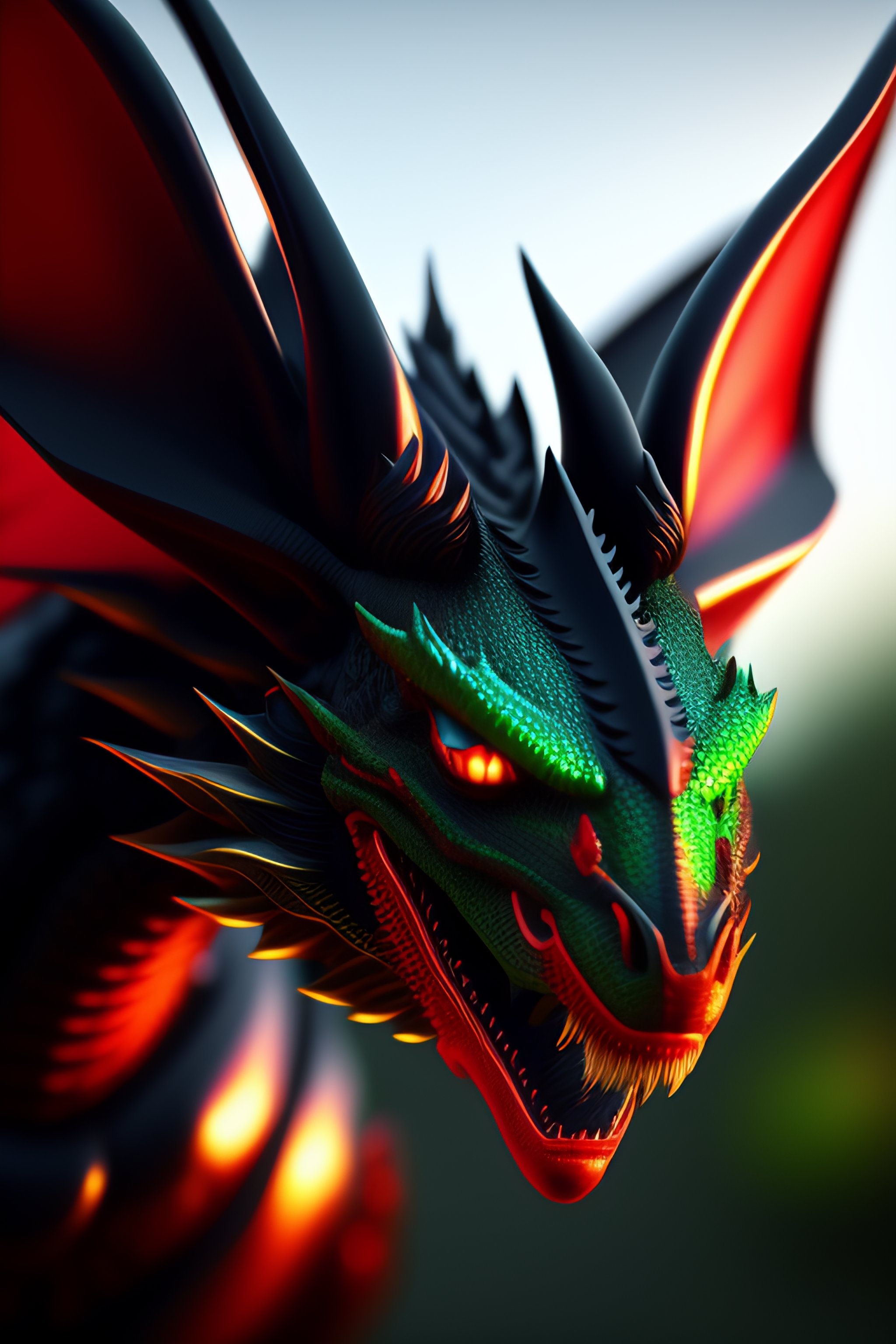 Lexica Black dragon, green dragon, red, dragon, depth of field,32k
