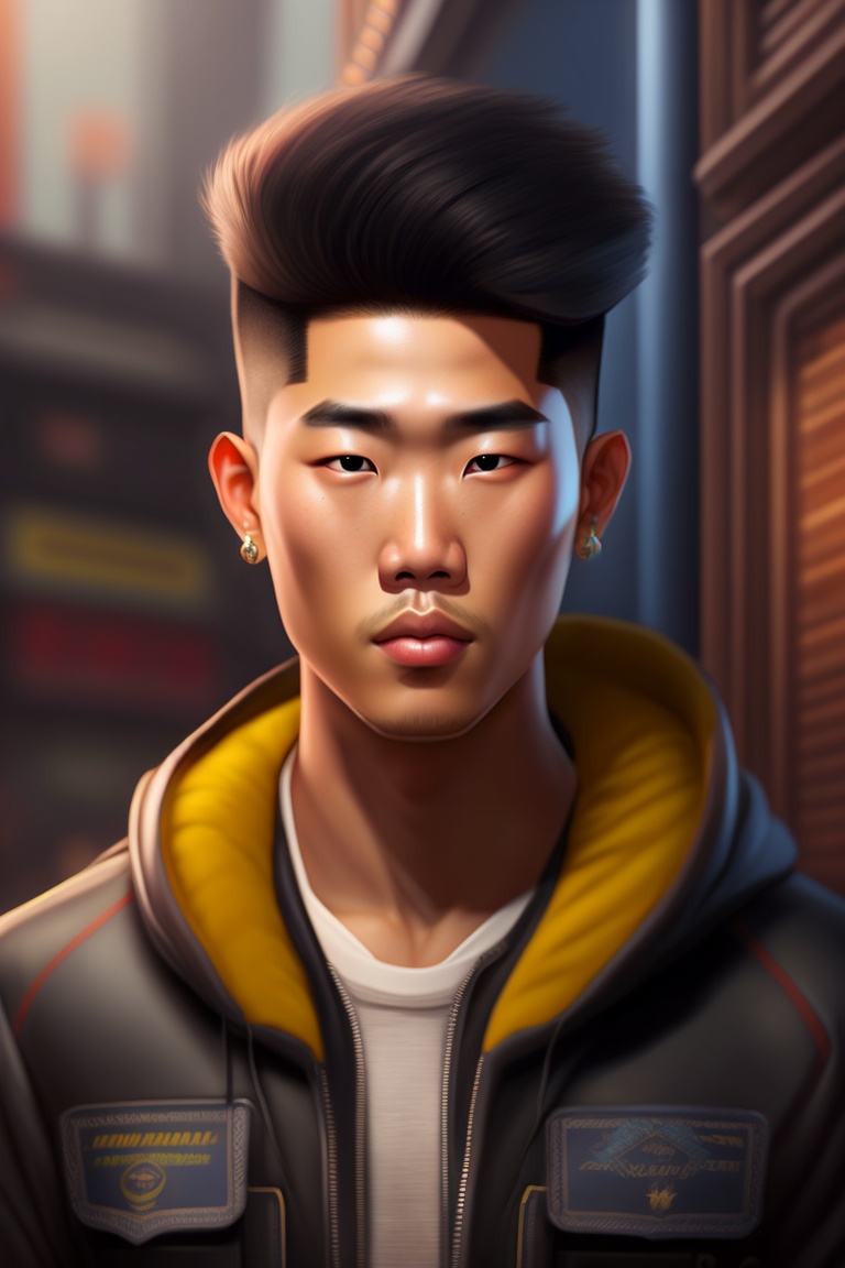 Lexica - Realistic portrait, asian dude, rapper, comfortable environment