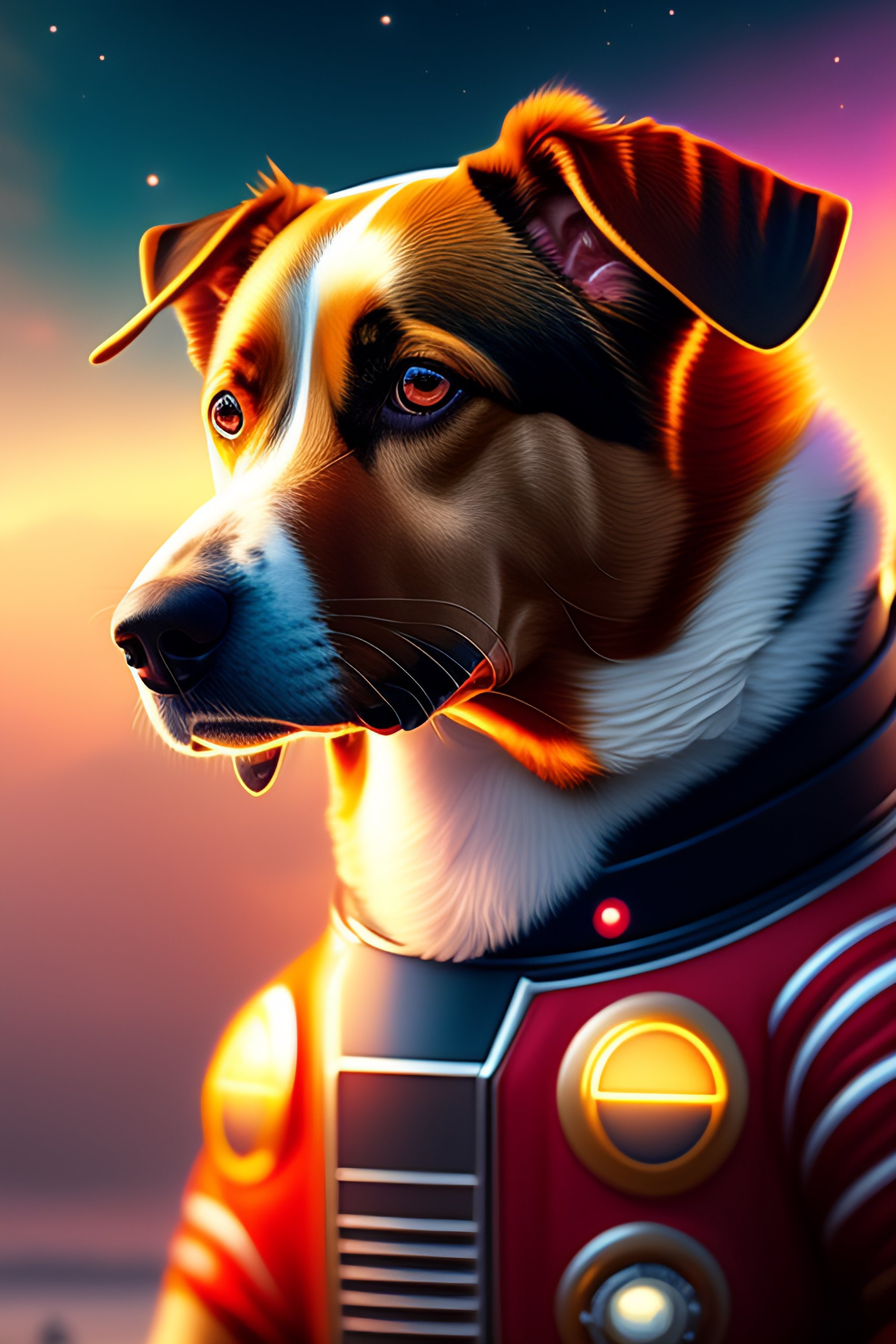 Lexica - Retrofuturistic portrait of a dog in small astro suit, space ...