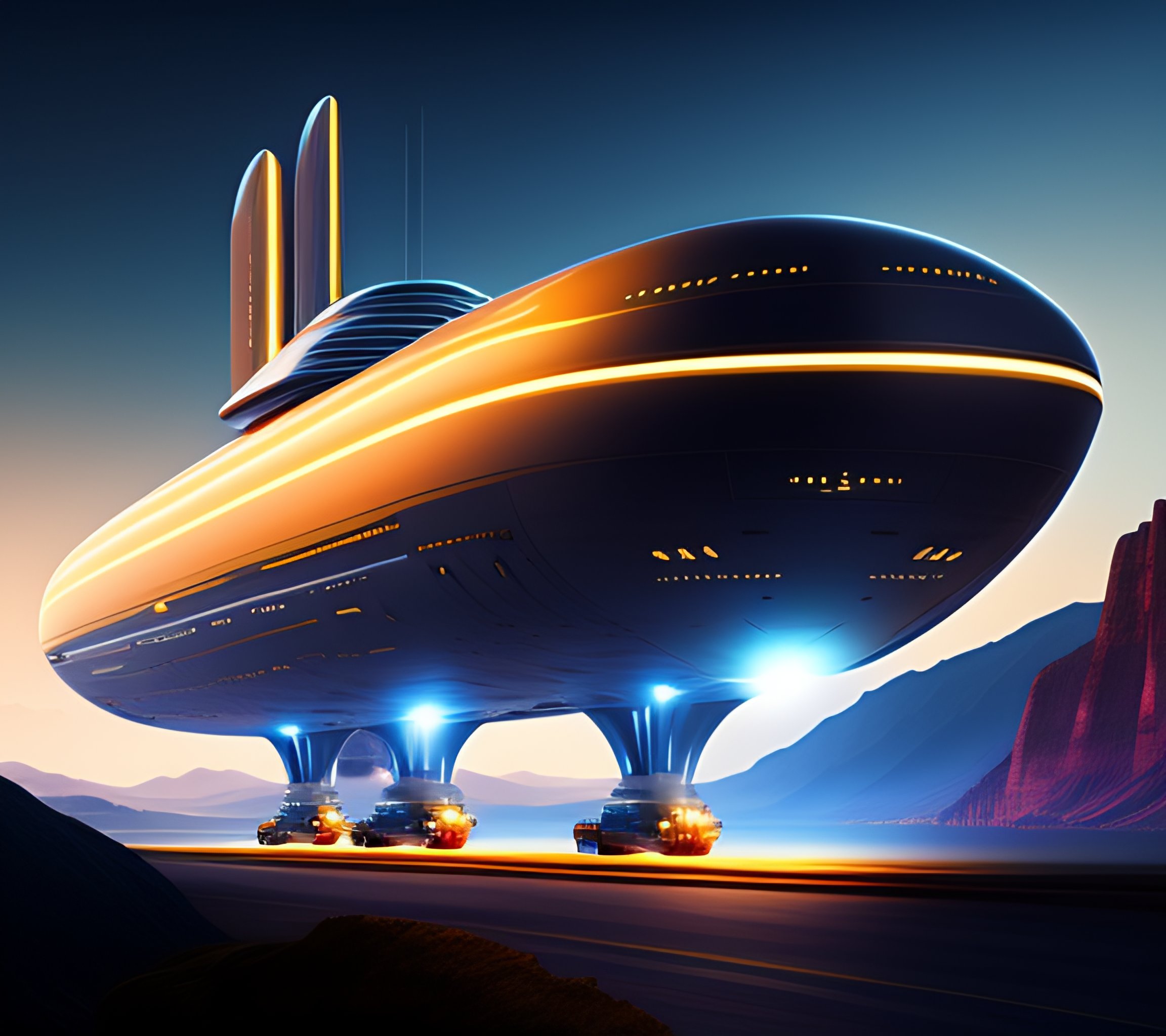 Lexica - A Spaceship Floating Over Mountains, Massive Ship, Fast 