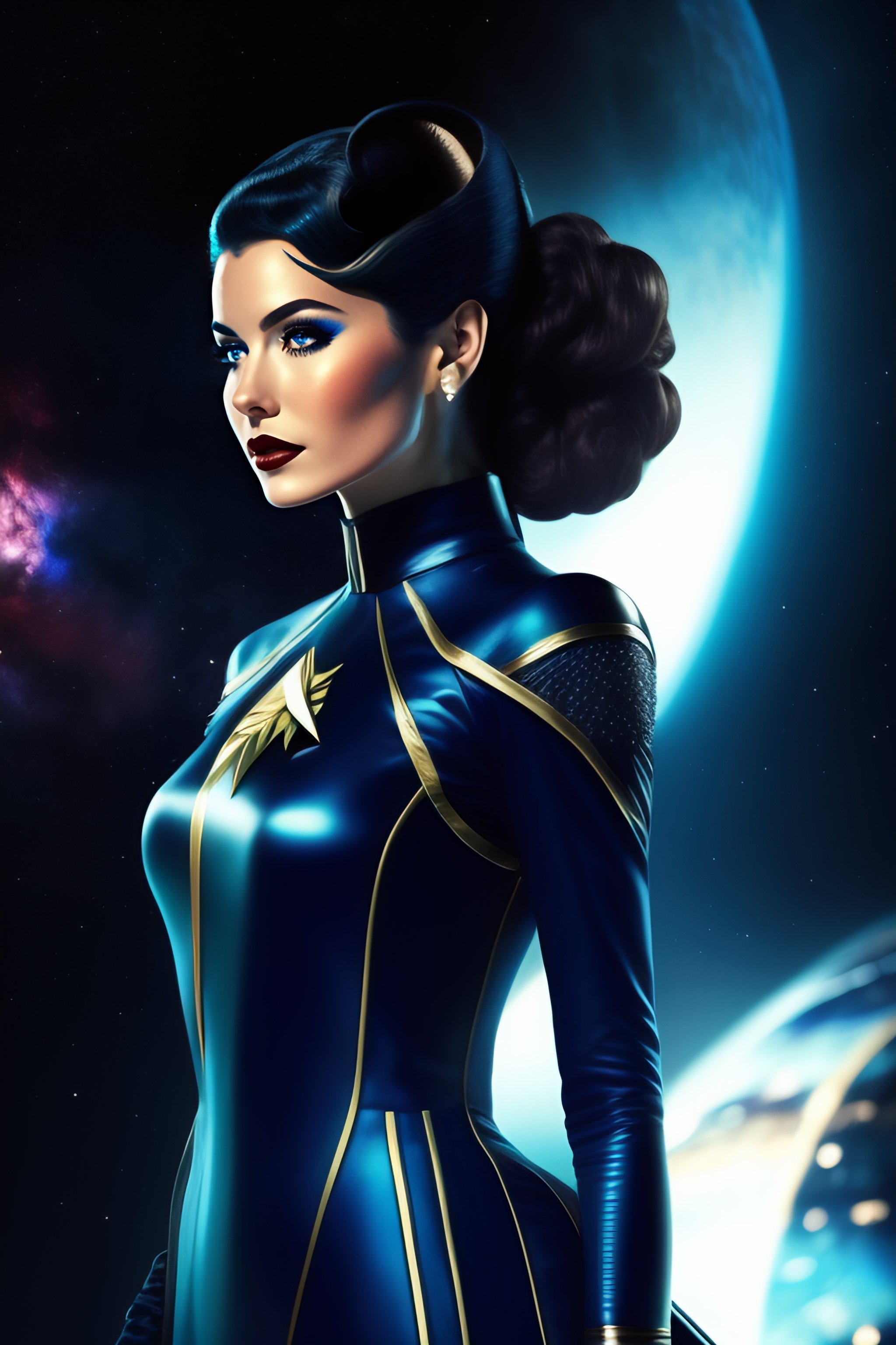 Lexica - A spacegirl, startrek in a black blue formal dress. walking ...