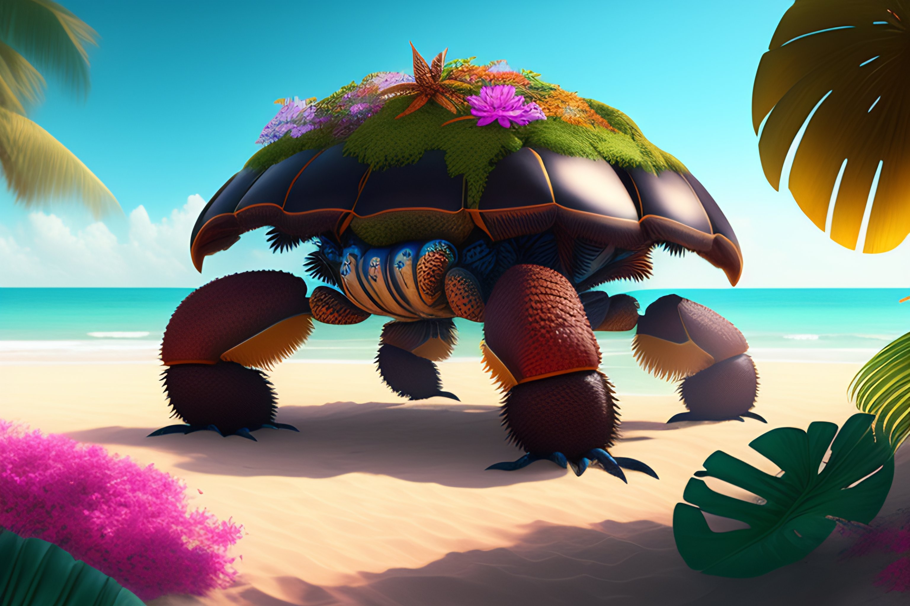 Lexica Giant coconut crab horror monster creature on tropical beach