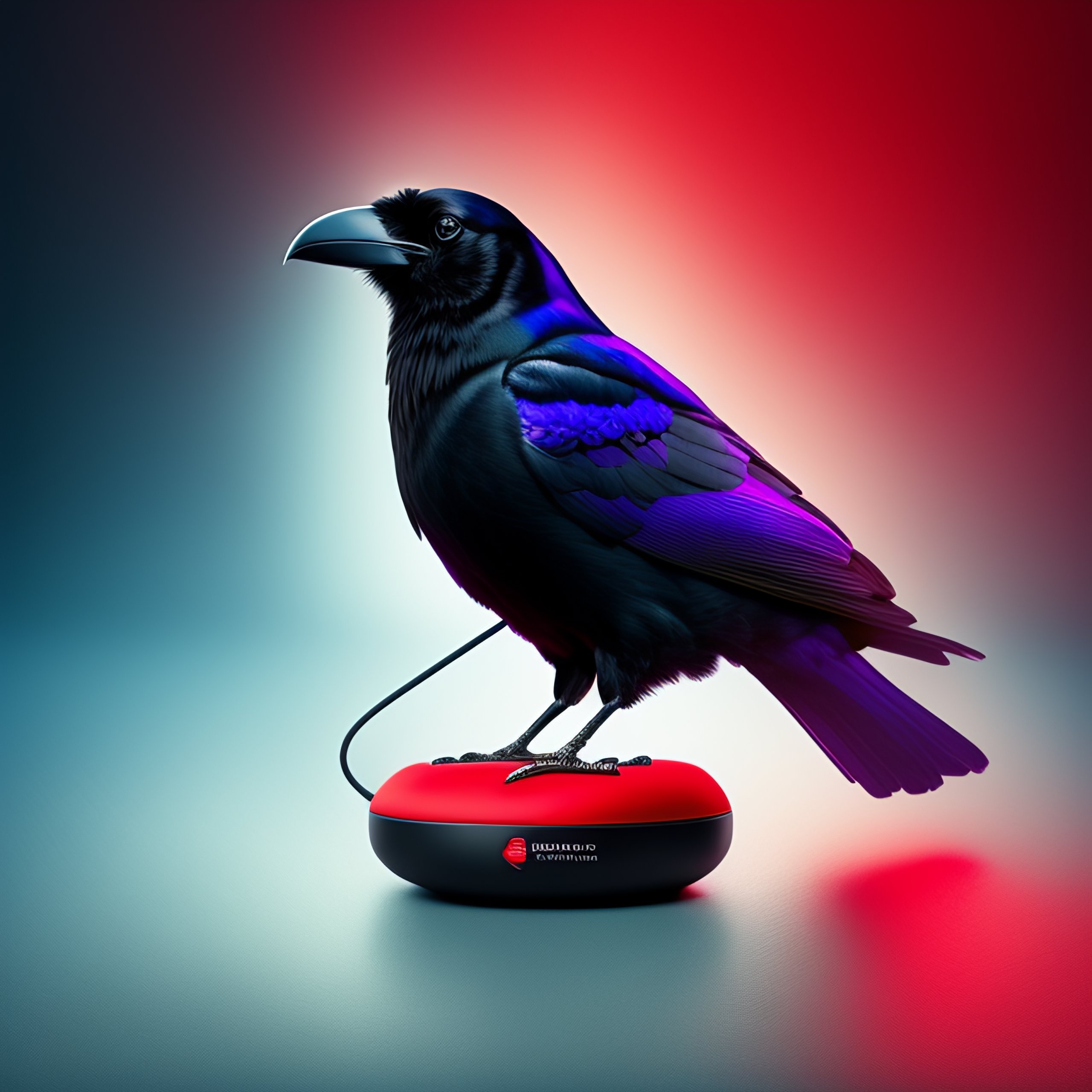 Lexica - Photo of a raven in red headphones