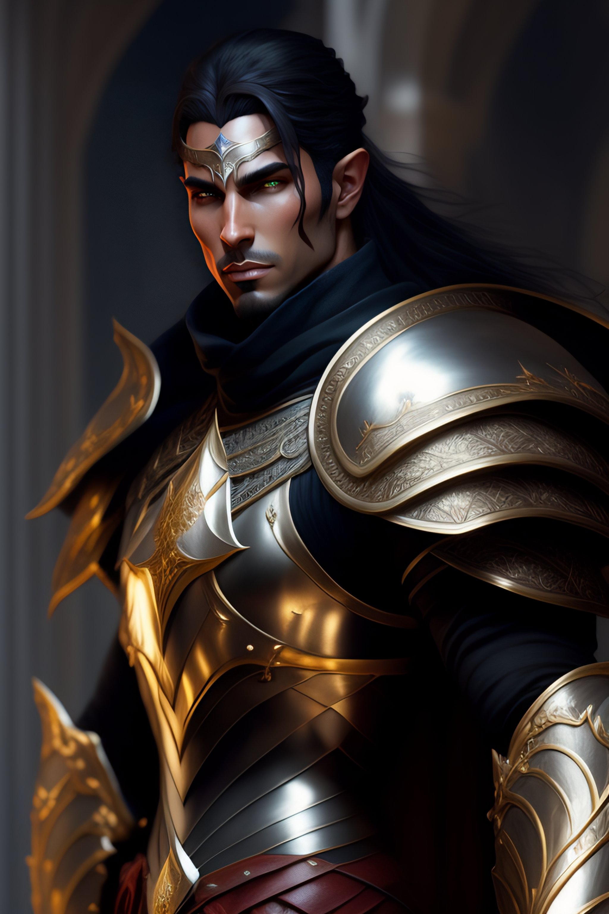 Lexica - Male elf paladin in magical black armor holding sword, posing ...