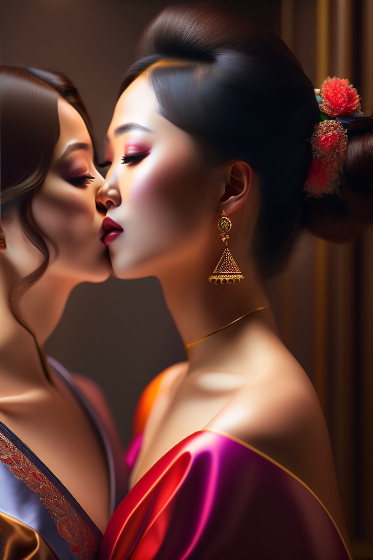 Lexica - Two beautiful asian models kissing with no kimono, cinestill,  photography