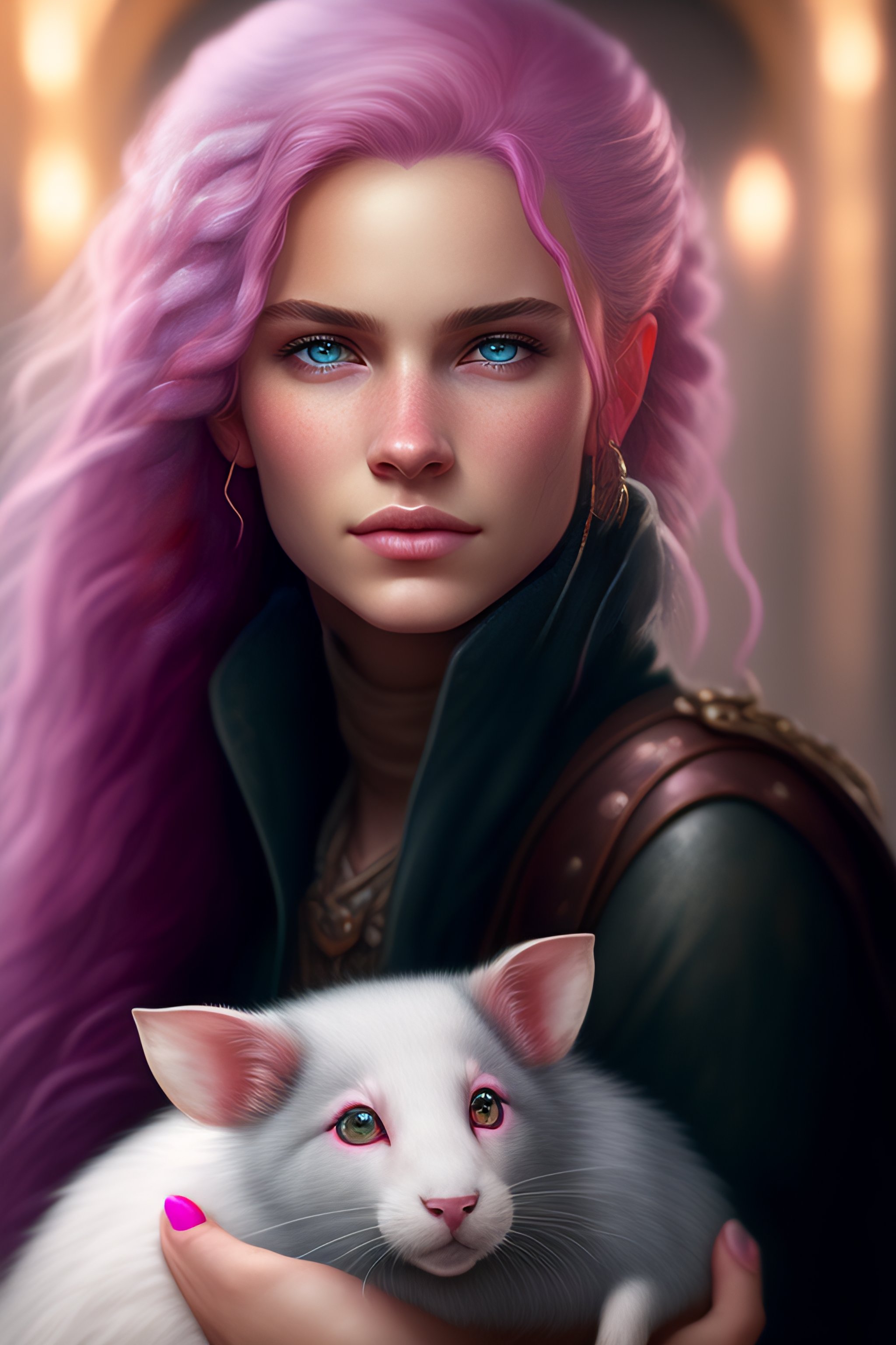 Lexica - Portrait of a girl with pink hair and gray eyes holding a rat ...