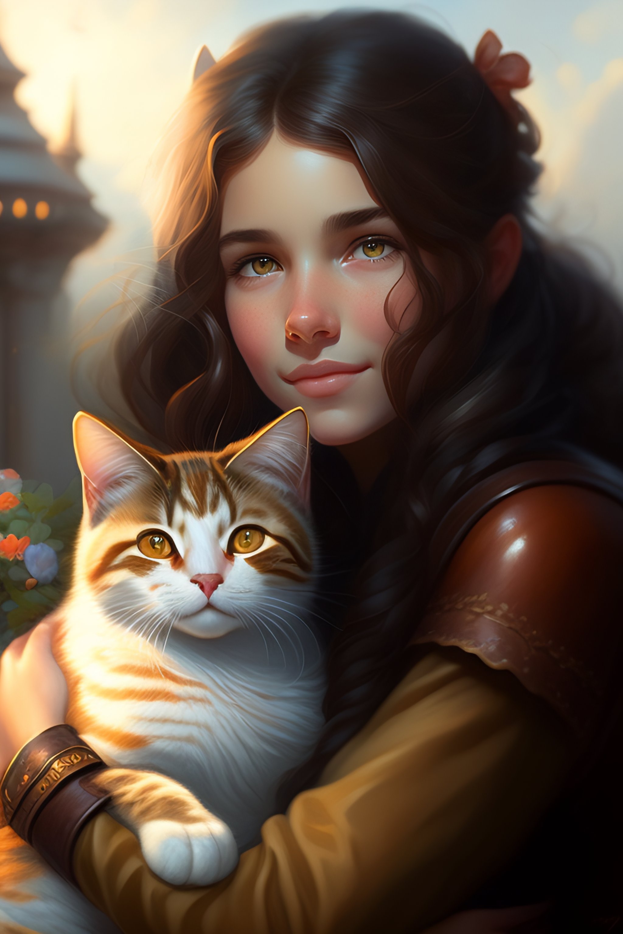 Lexica - A detailed portrait of a cute calm brunette girl hugging a ...