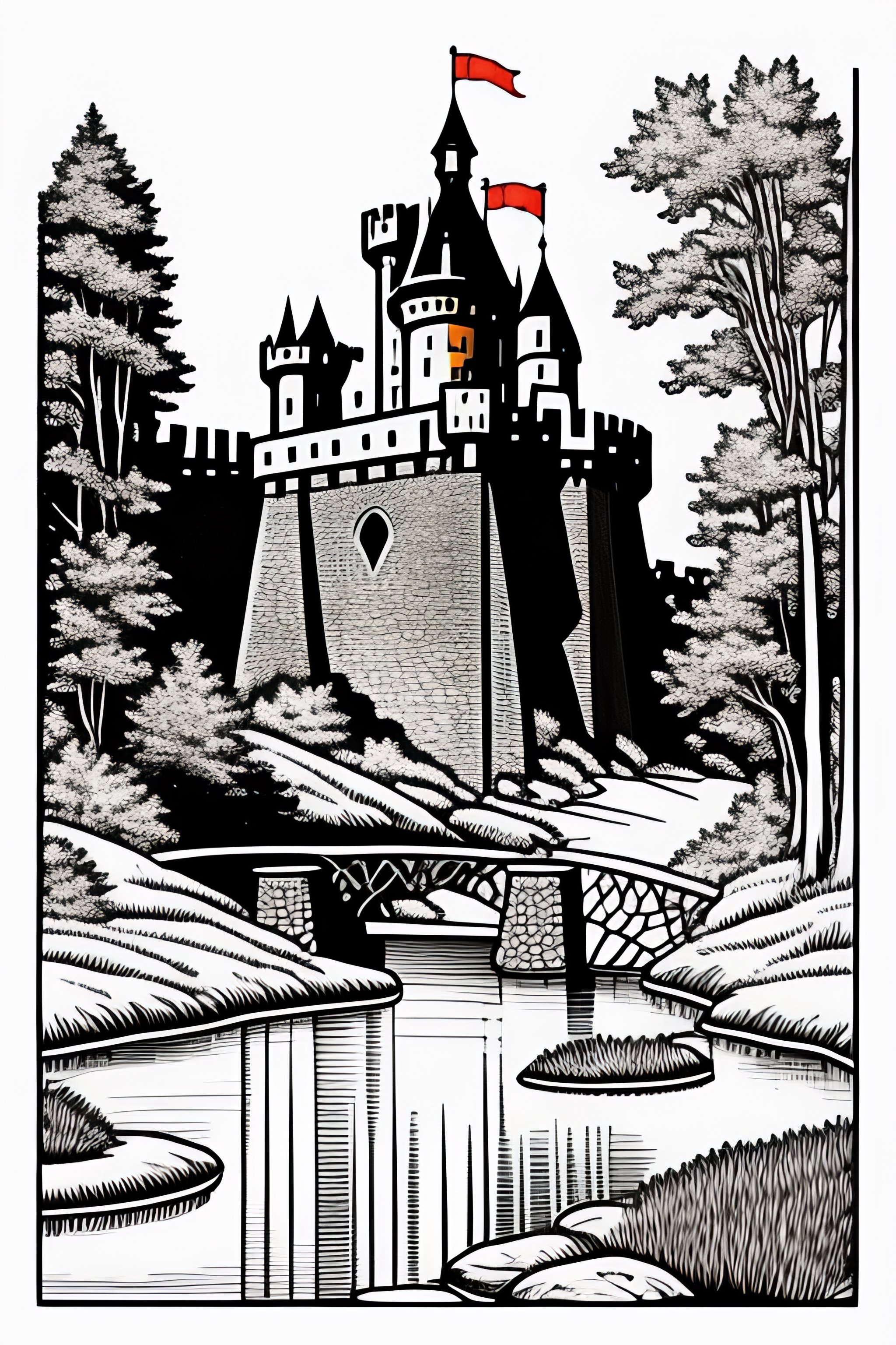 Lexica - A coloring page of a castle nestled among the trees, with a ...