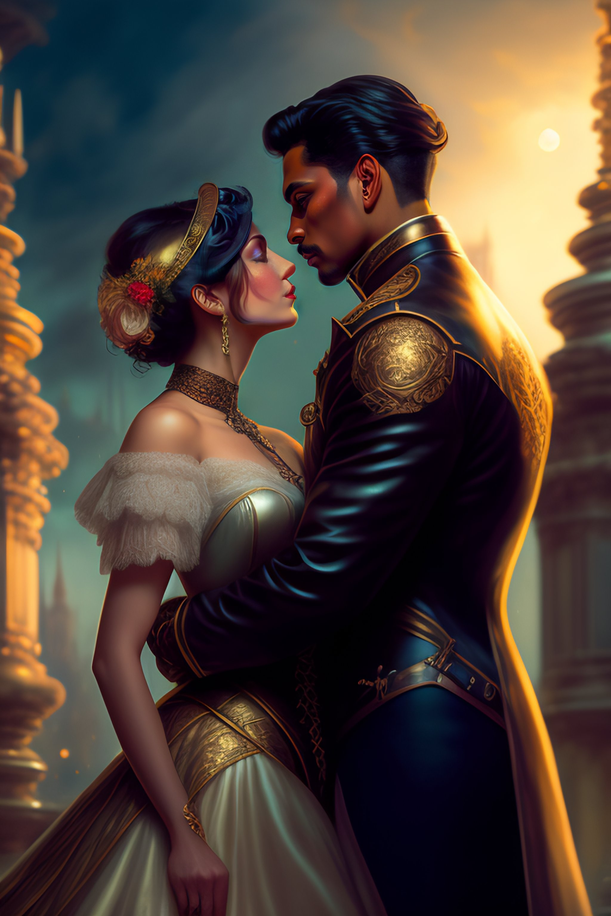 Lexica - Steampunk painting of a short hair couple, falling in love ...