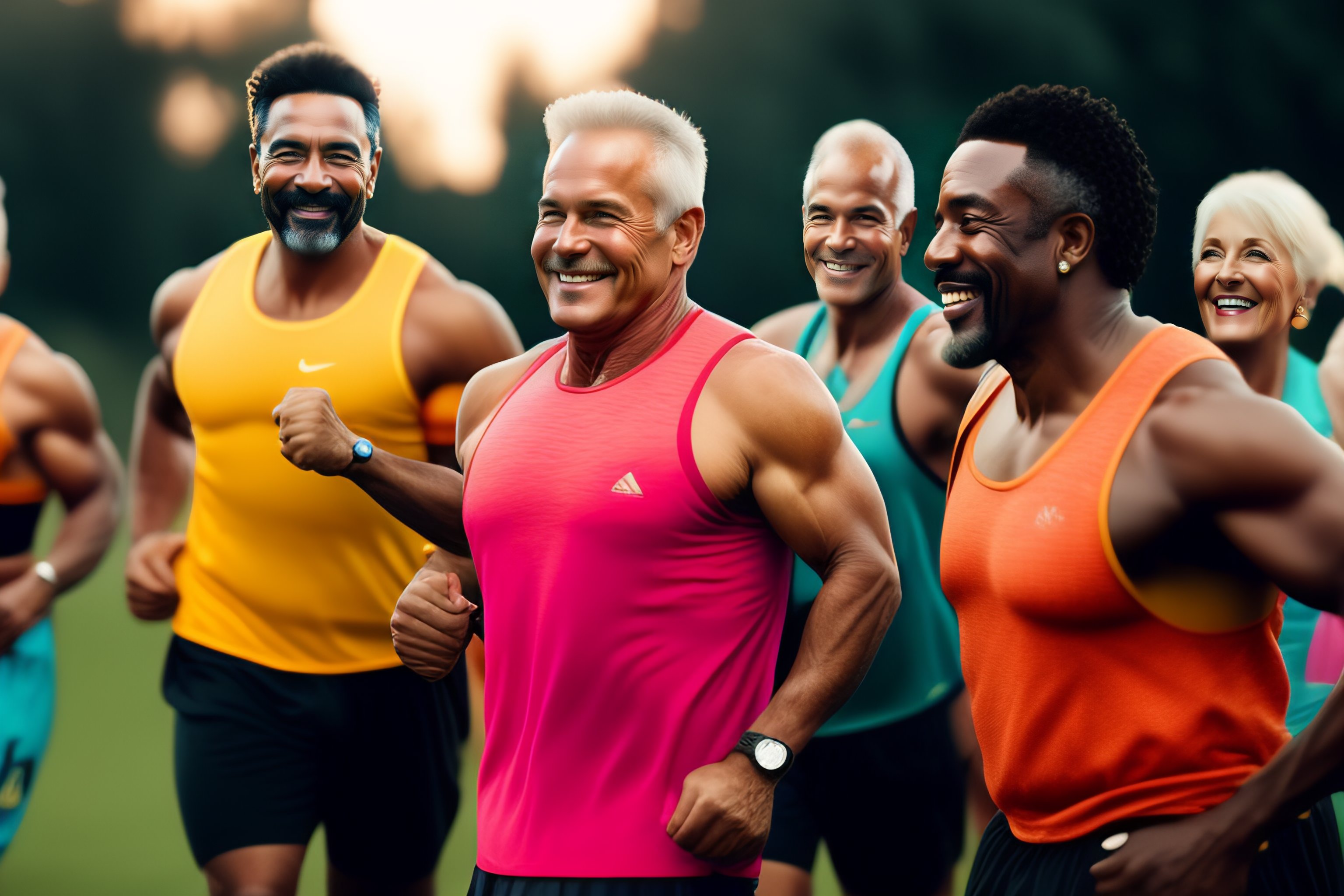 Lexica - Middle age physically fit men, happy, excersizing, talking in ...