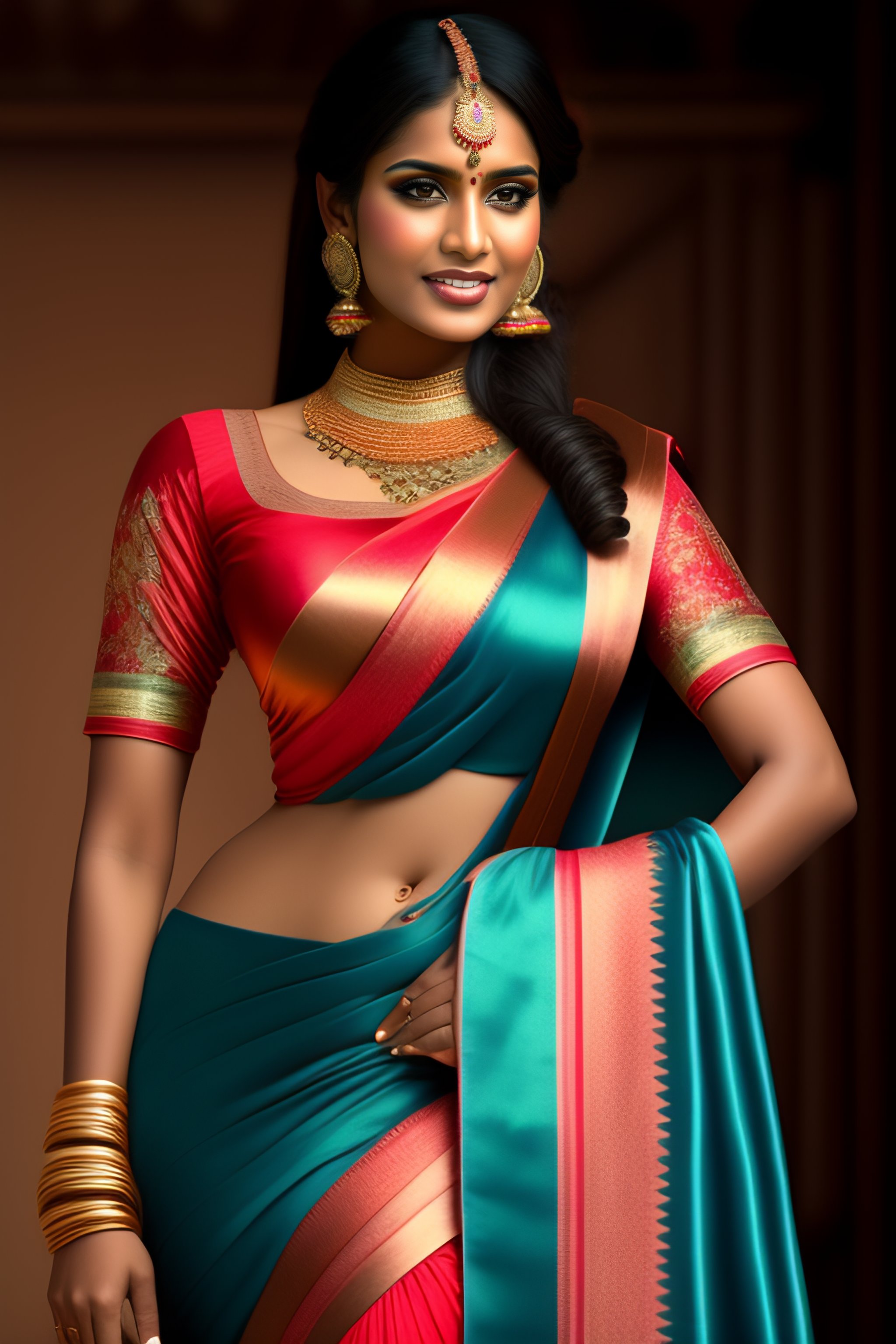 Lexica - Young indian woman in a saree, massive downblouse, fit