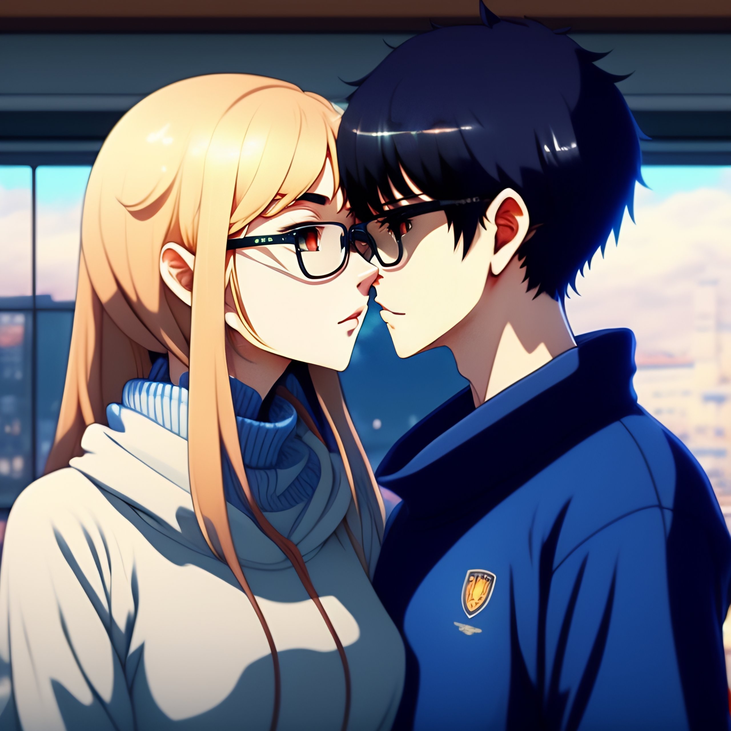 Lexica - Girl with glasses kissing her girlfriend, ghibli, anime style