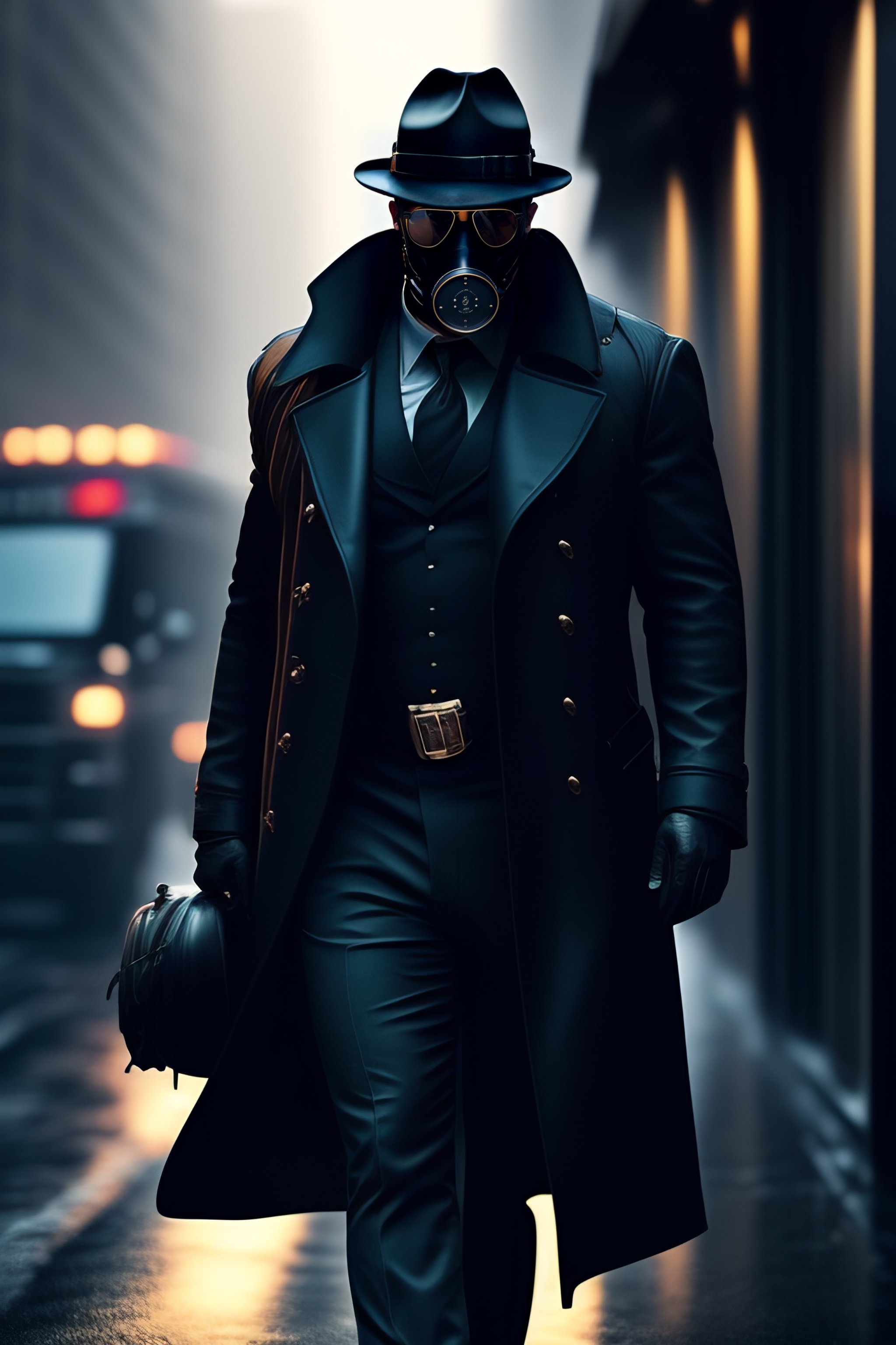 Lexica - Detective, fedora hat, black trenchcoat, gasmask, sunglasses ...