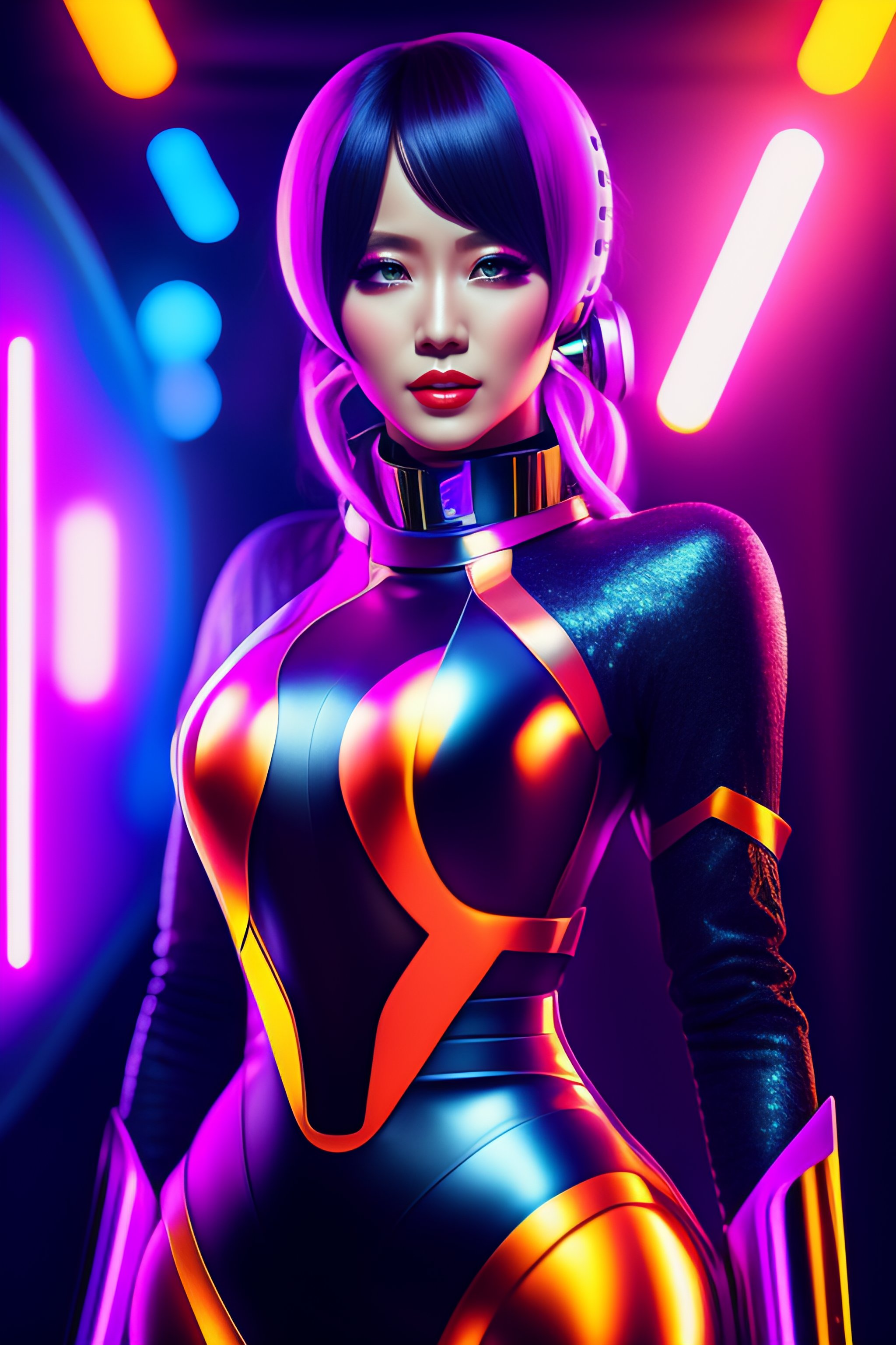 Lexica - A promotional photography of a synthetic female vocaloid singer  with magic orbs in her eyes, sexy neon futuristic tight clothing,  futuristic...