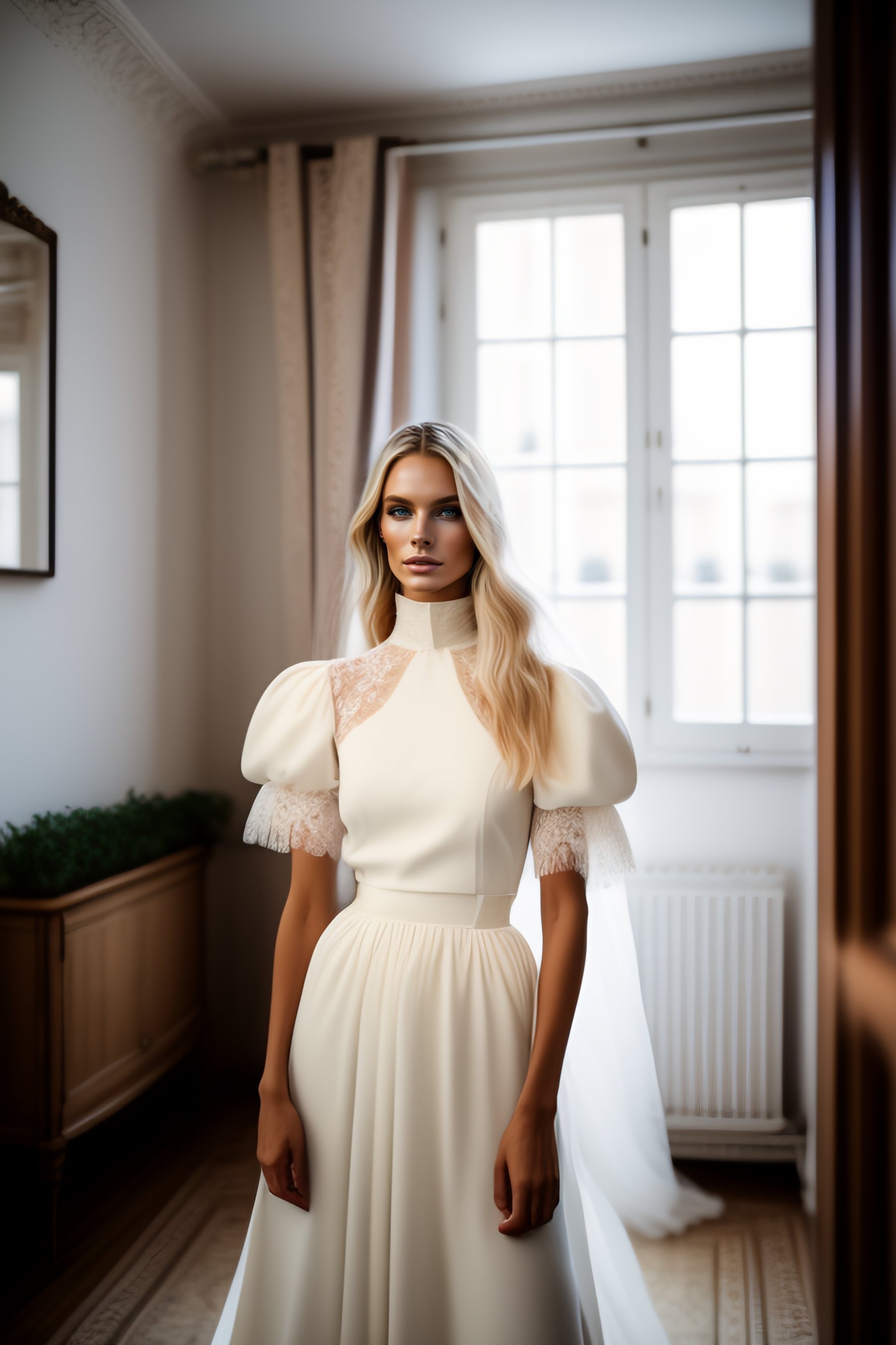 Lexica - Blond fashion model wearing a short wedding dress,ivory corded ...