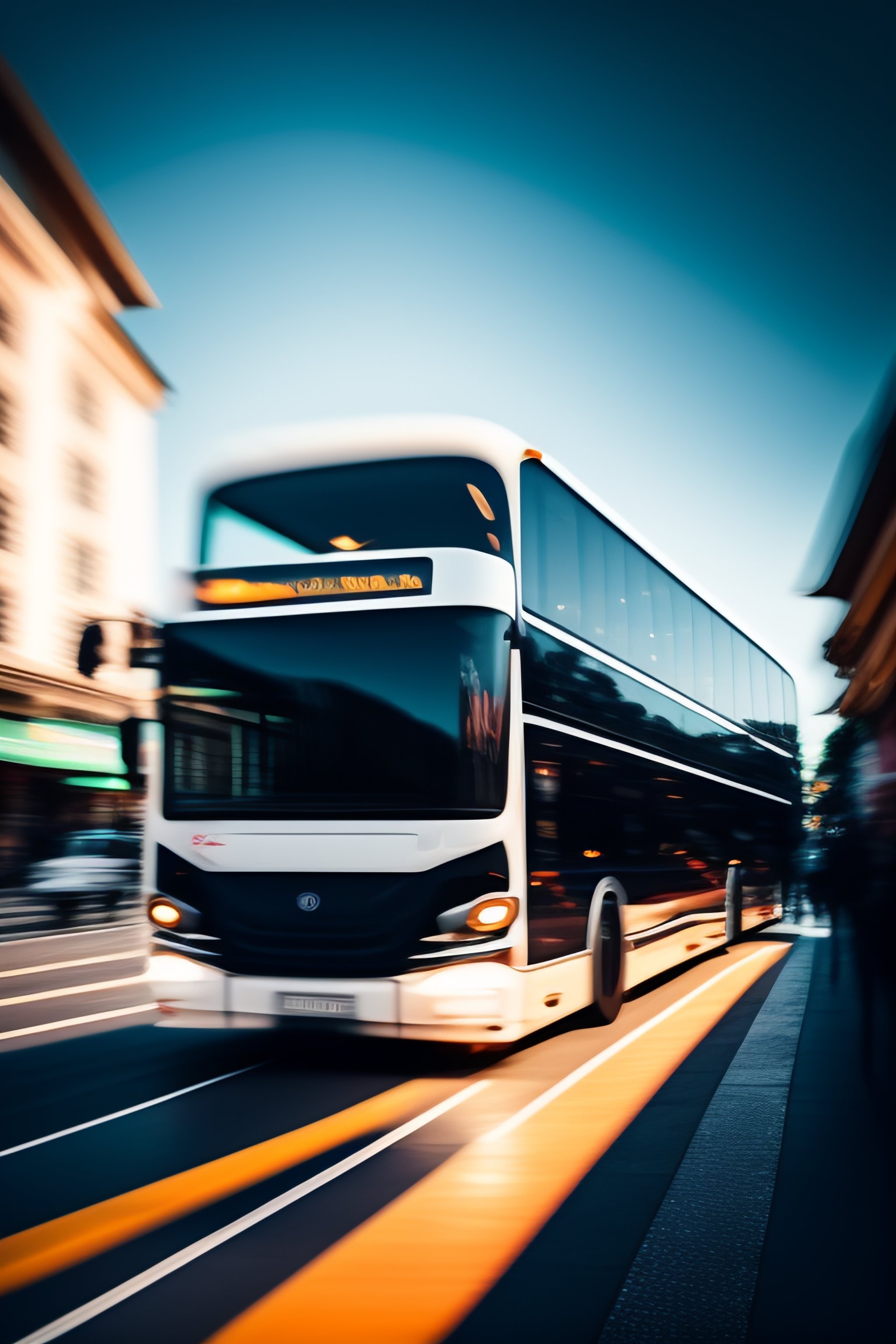 Lexica - White Bus in city street, inside view ,motion blur, front view ...