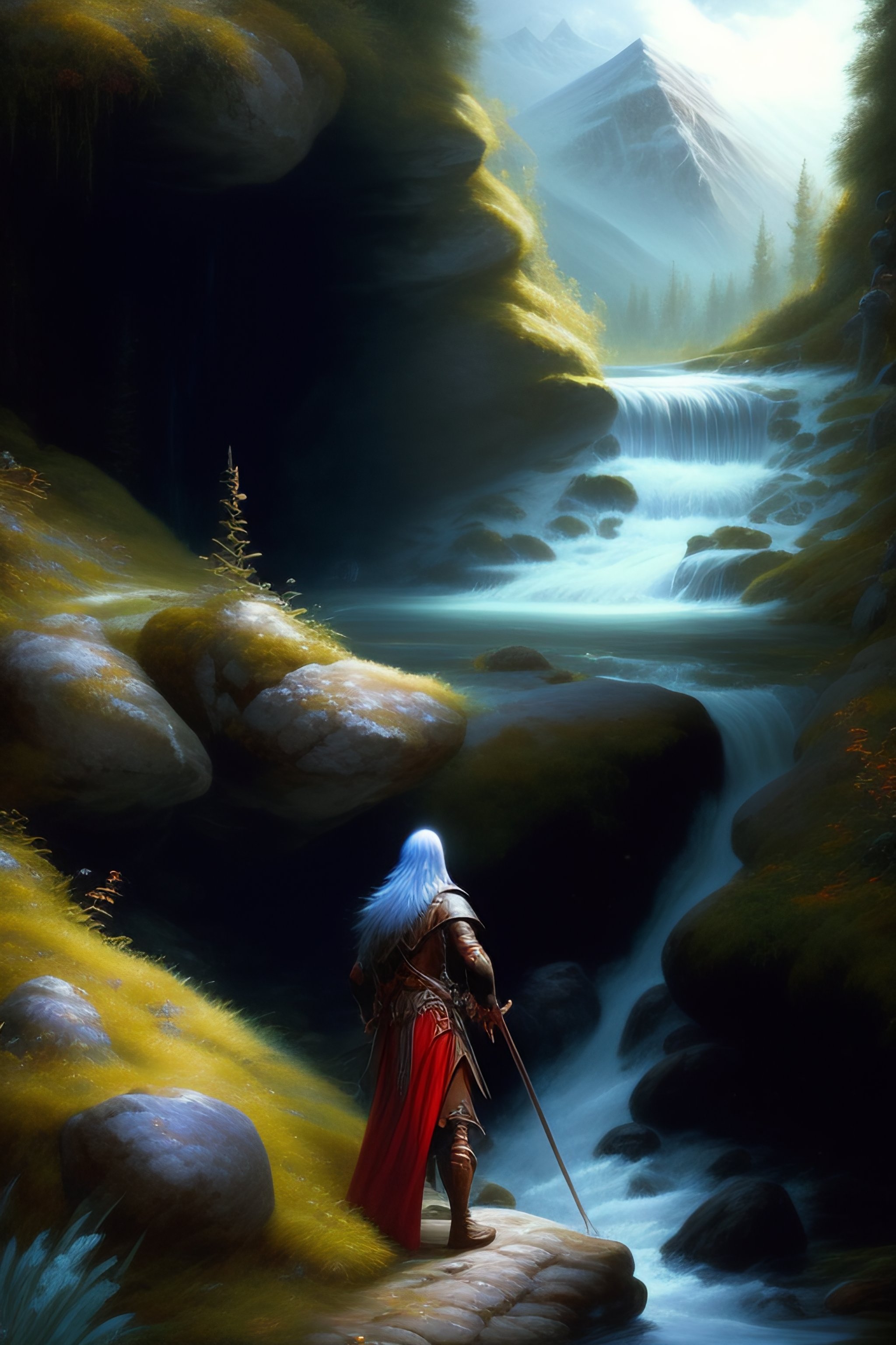 Lexica - Dark elf near a stream. Highly detailed. Lord of the Rings.