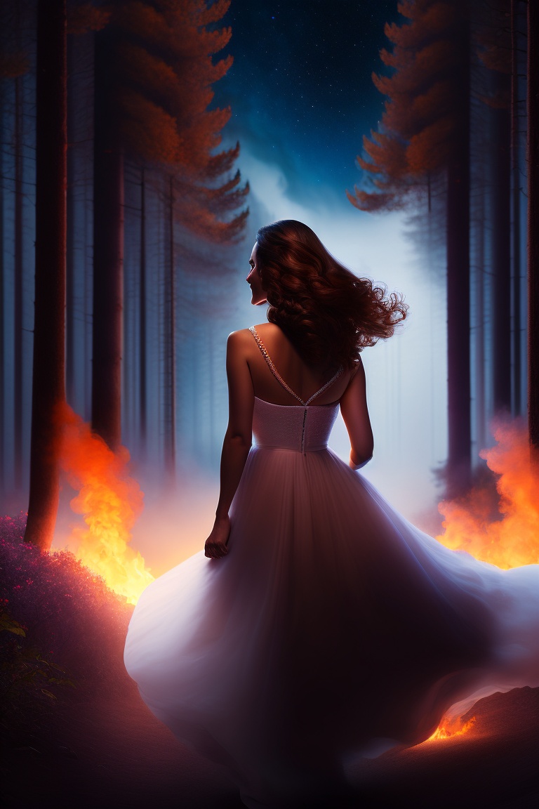 Lexica Brown Hair Woman Running In A Burning Forest From Behind Long White Dress Dark