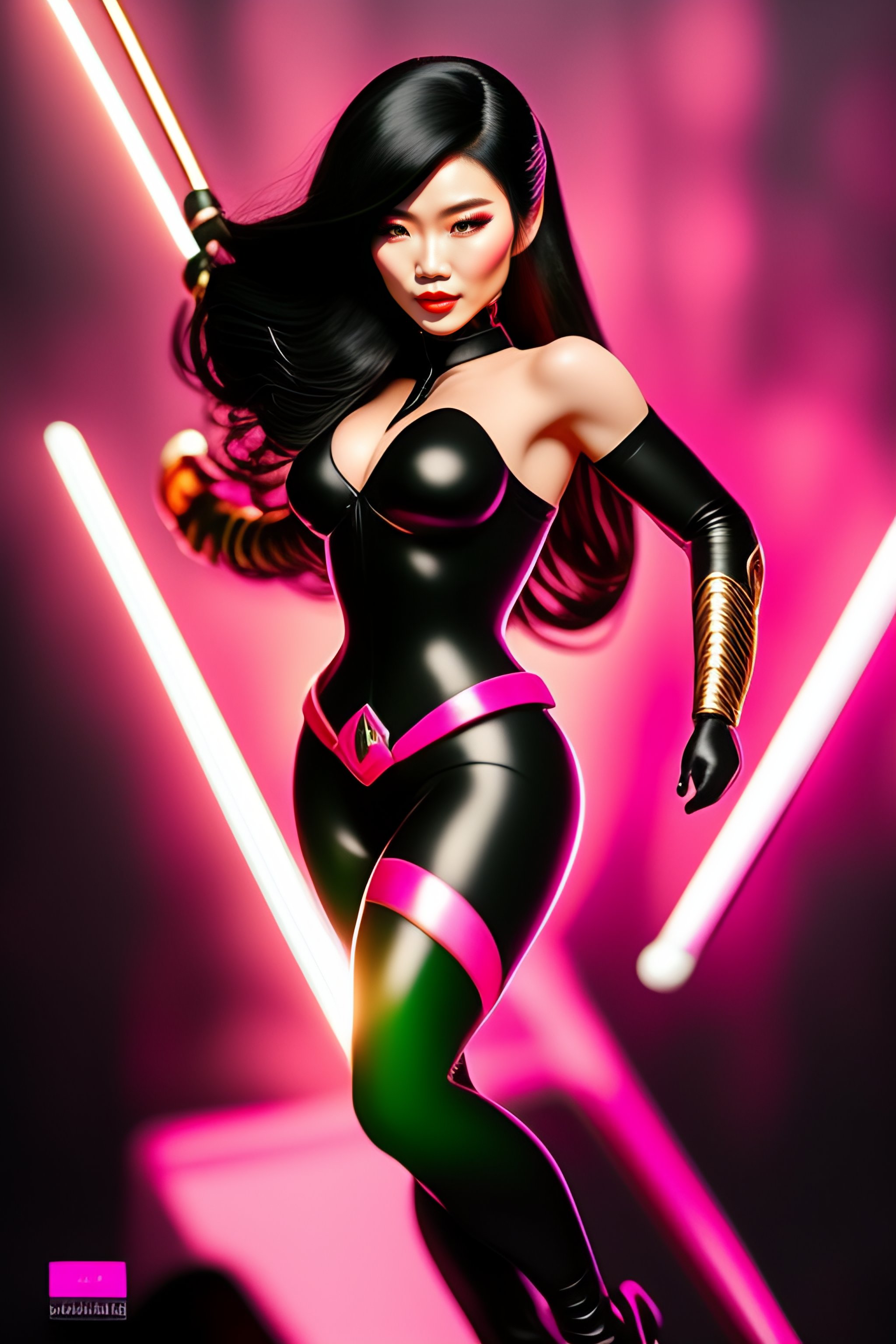 Lexica - Pretty Chinese female superhero in sleek pink coat, black leggings,  black stretch knee high boots, sparkling green eyes, long black hair sty