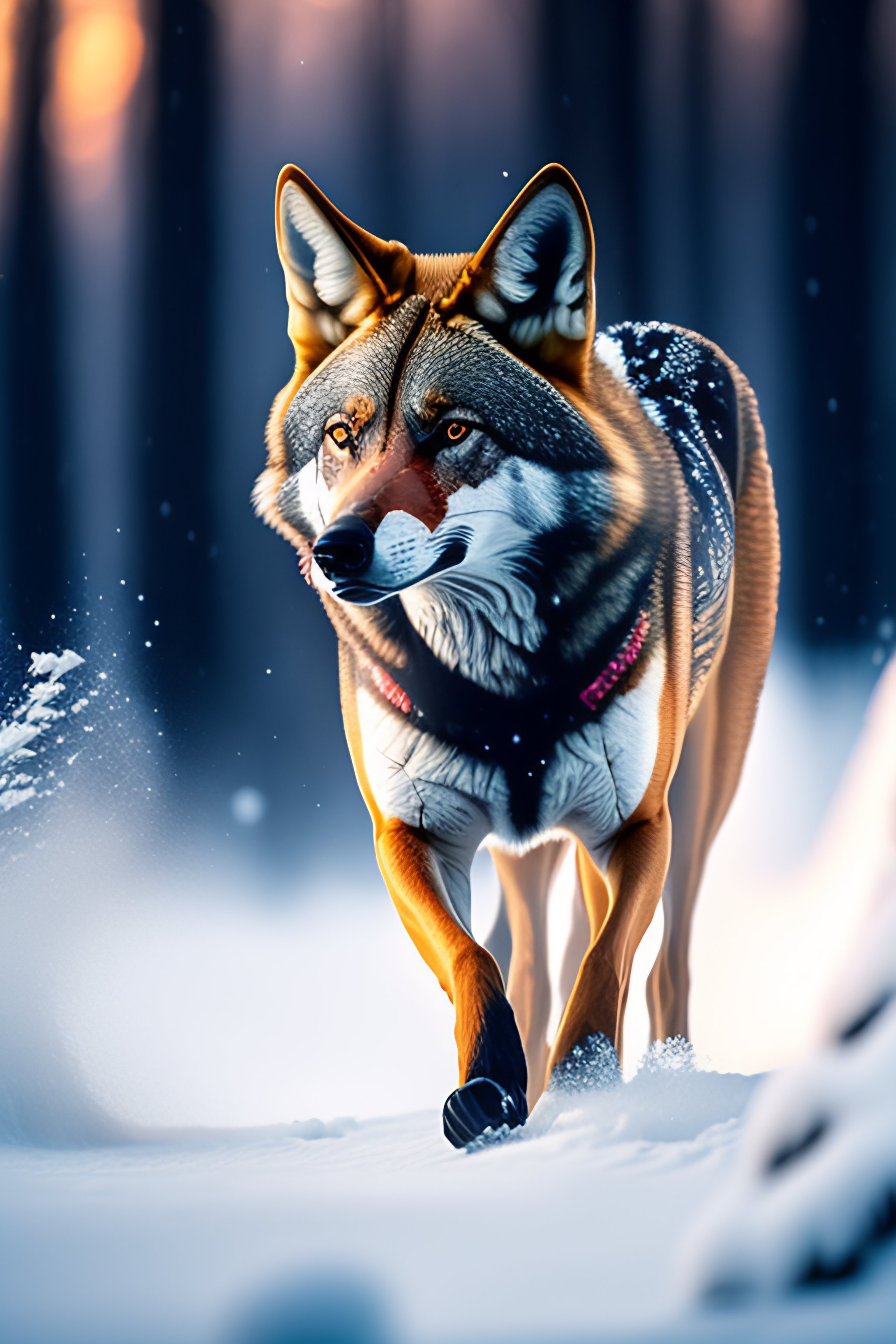 Lexica - A red wolf running on the snow with flowers on his neck