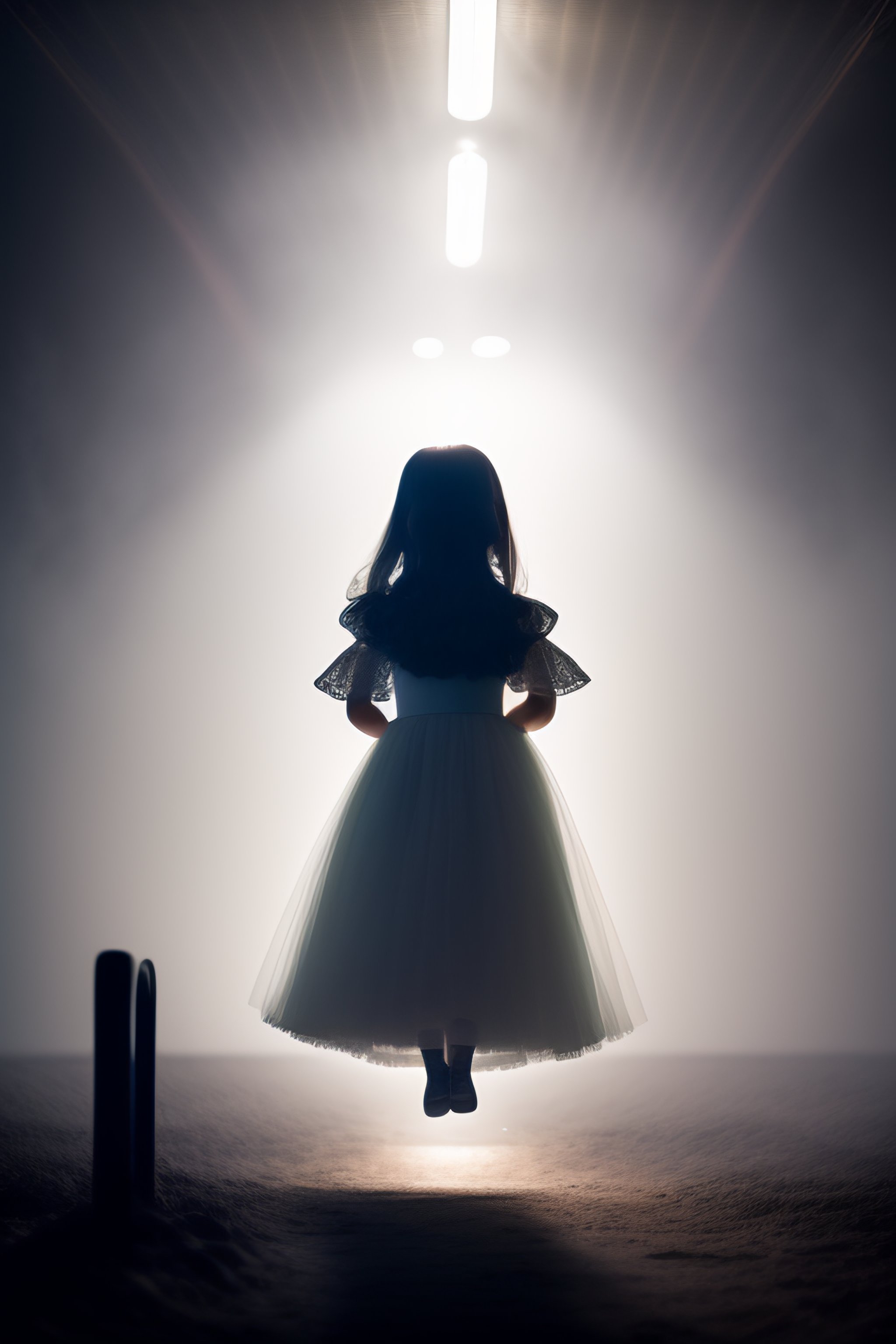 Lexica - Creepy photograph of a ghostly girl floating above the ground