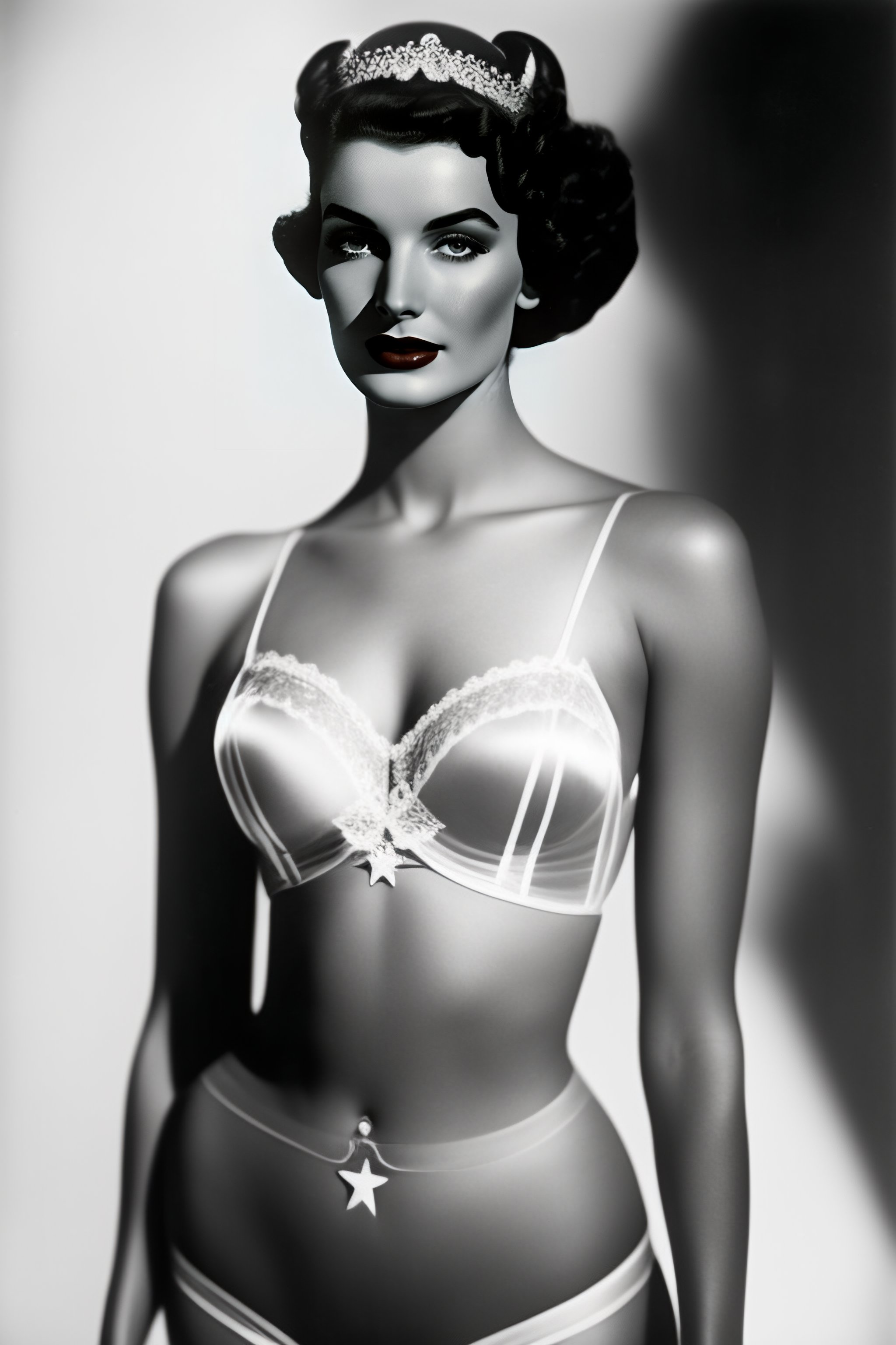 Lexica - Transparent silk tulle bra with lines and stars, embroidery, 1950,  classic photography