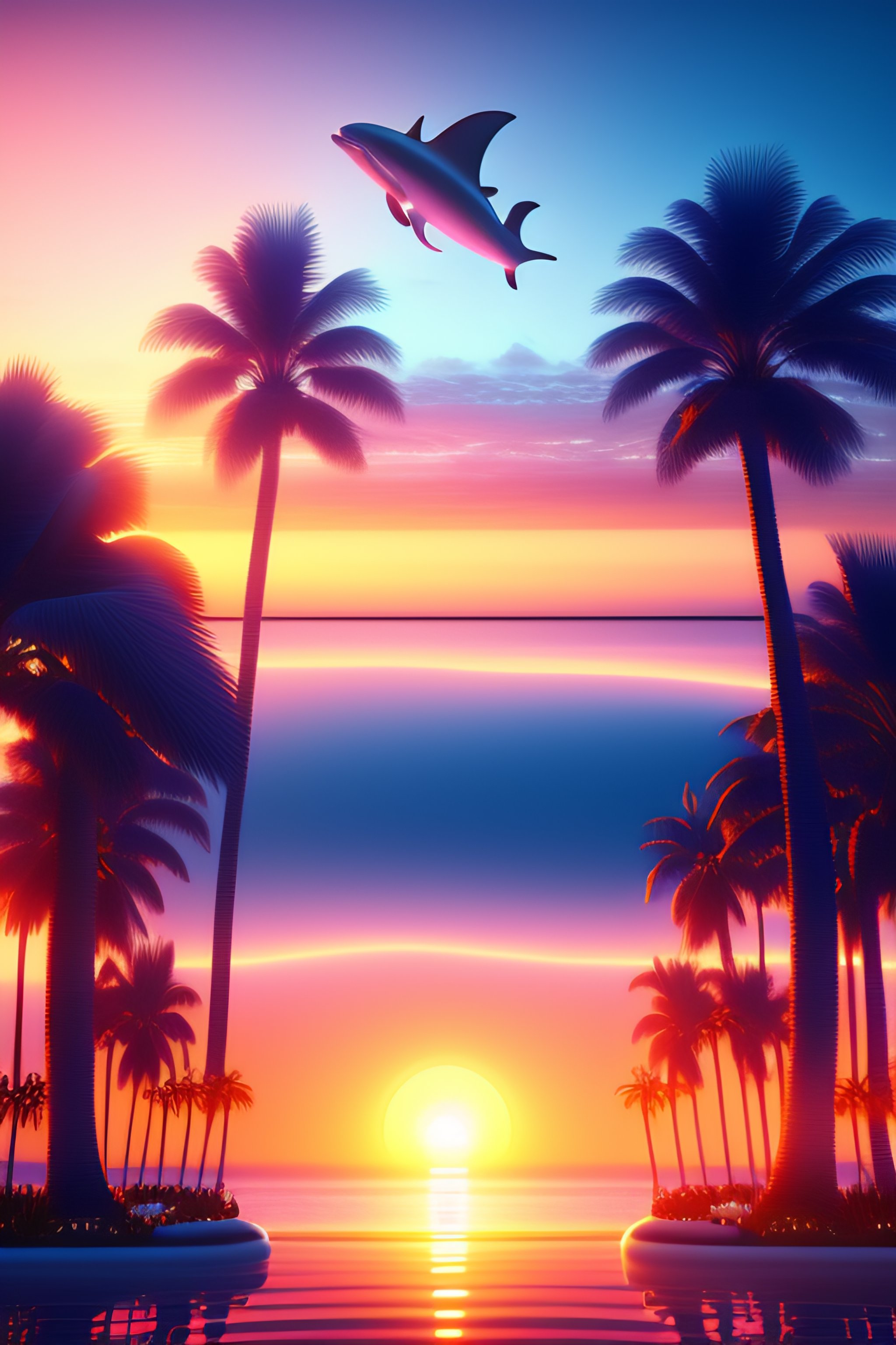 ocean sunset with dolphins and palm trees