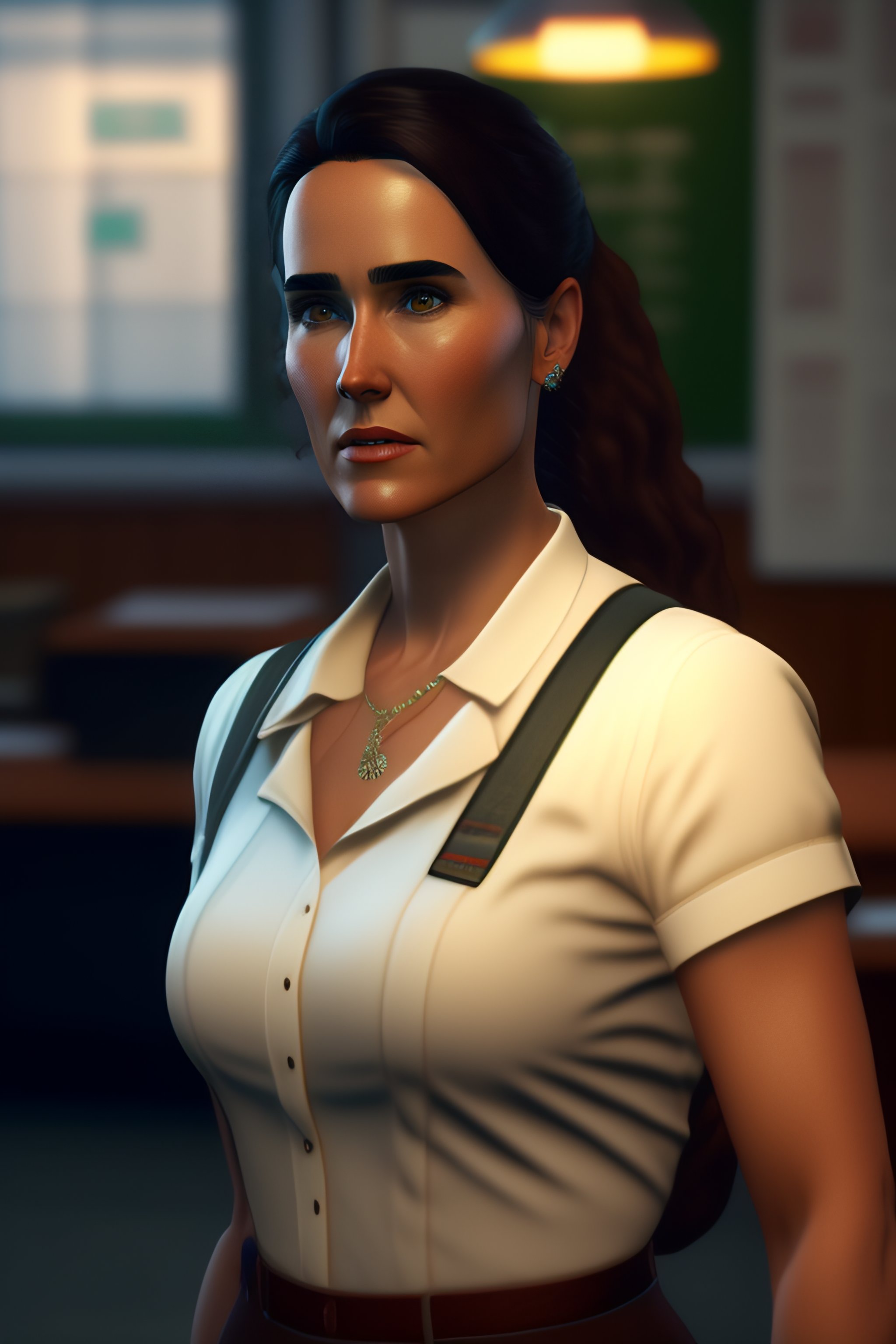 Lexica Jennifer Connelly As A Beautiful School Teacher Wearing Tight Shirt With Two Buttons 