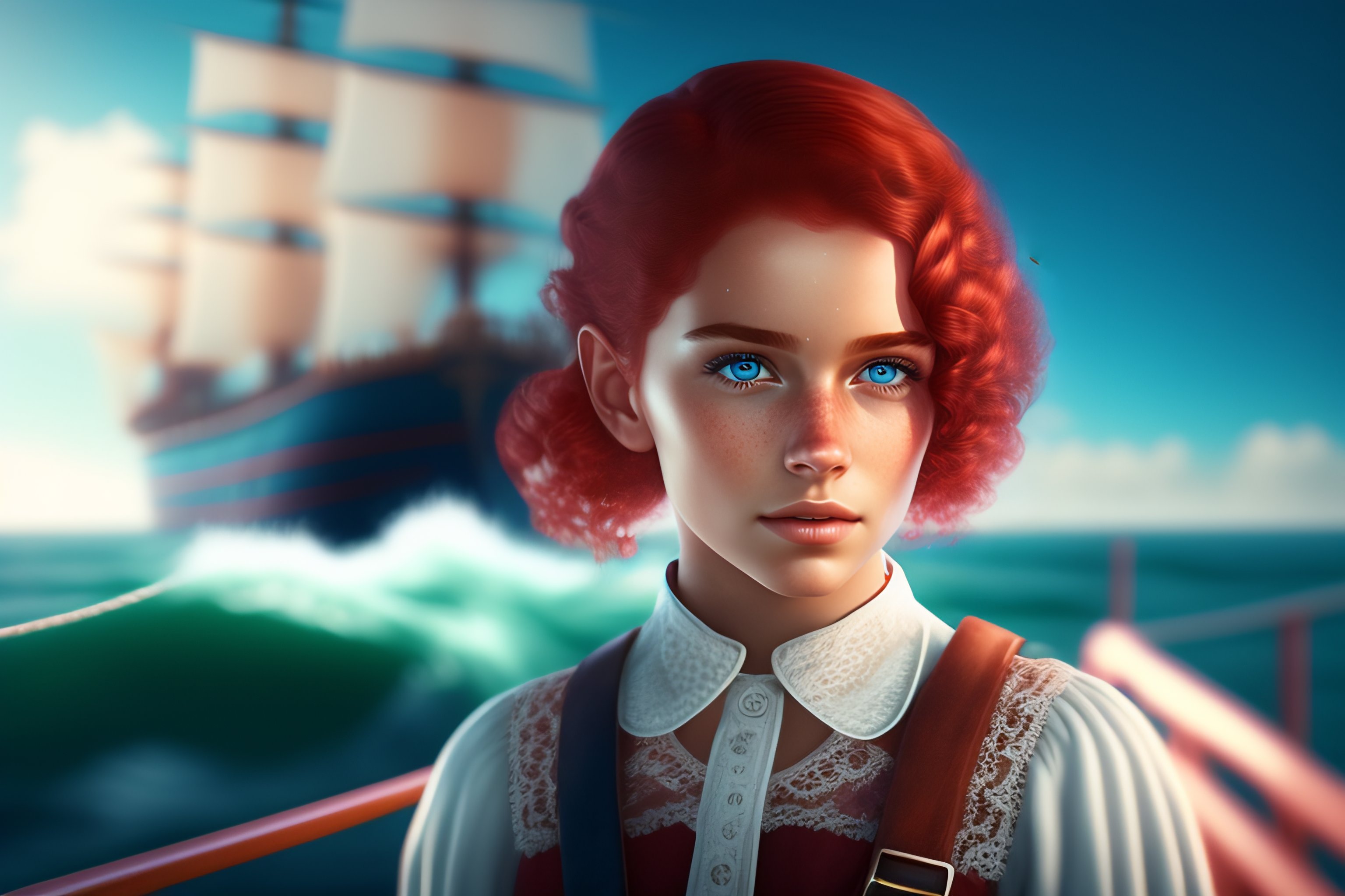 Lexica - Young girl in a white lace shirt on the deck of an old ship ...