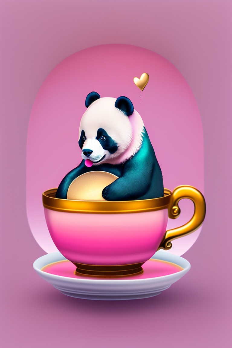 Lexica - A panda in a tea cup with pink handle and golden border