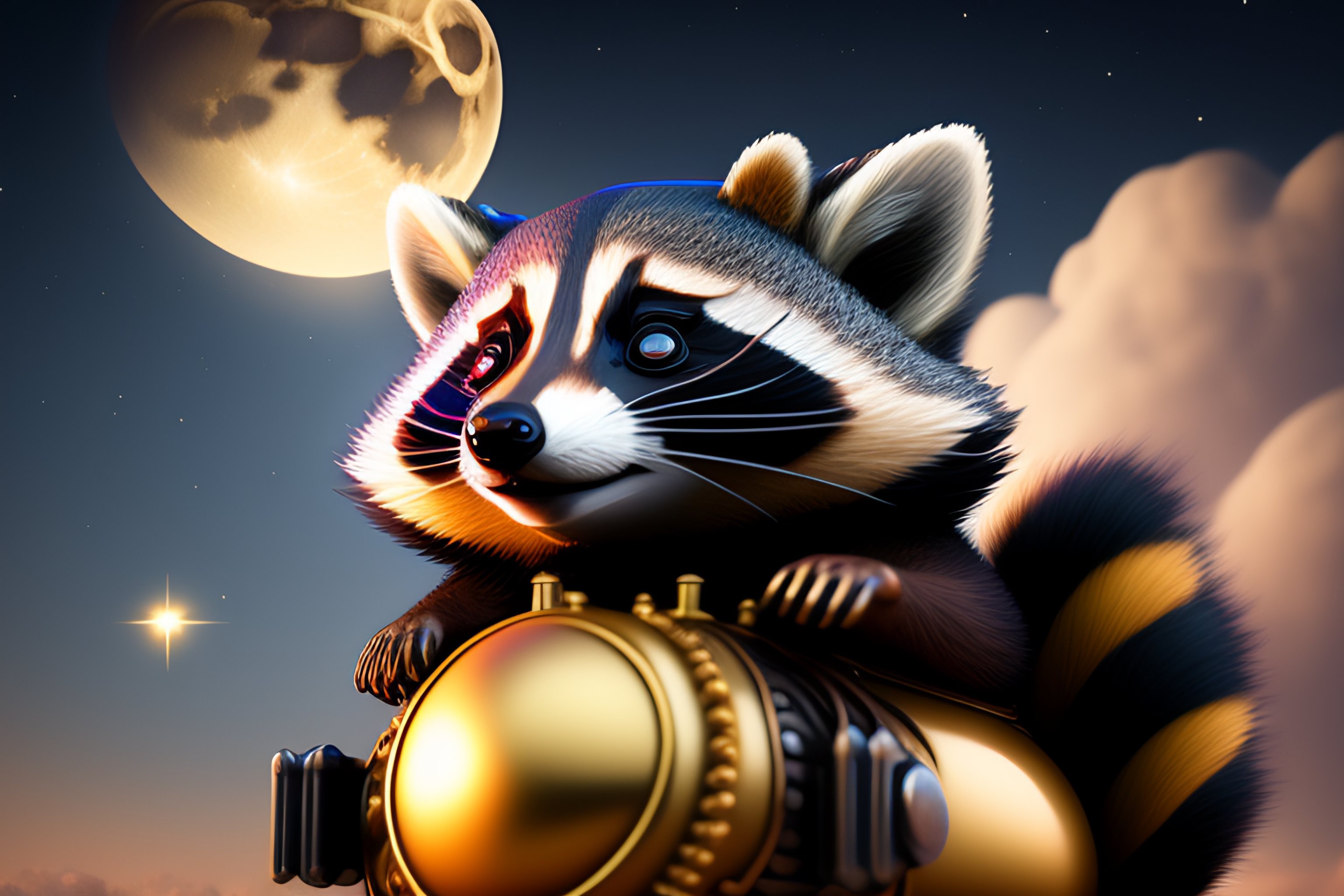 Lexica - Raccoon in a steampunk unform riding on a rocket towards the ...